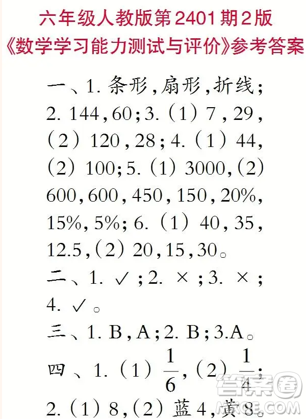 2025小學生數(shù)學報六年級第2401期答案