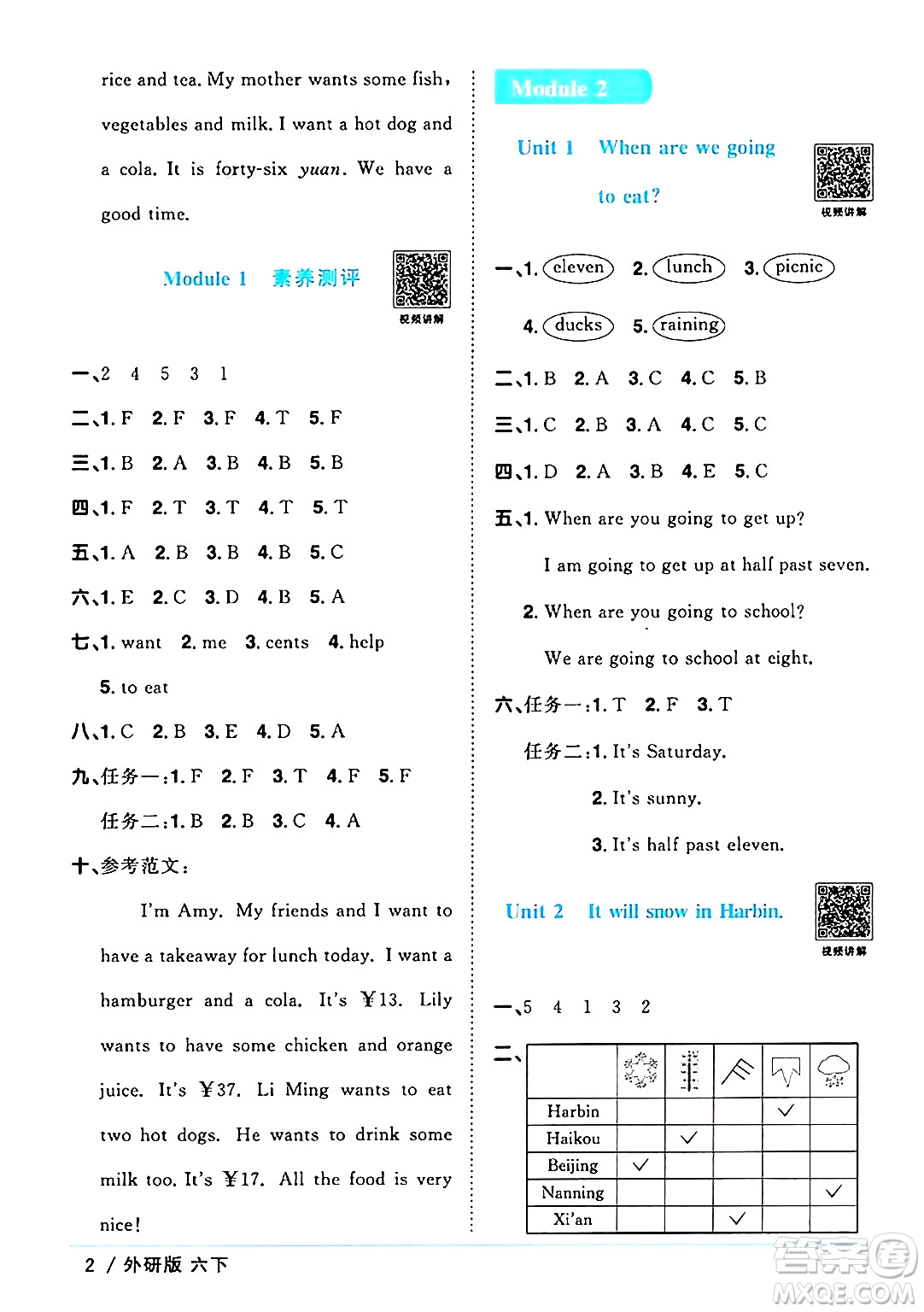 江西教育出版社2025年春陽光同學(xué)課時優(yōu)化作業(yè)六年級英語下冊外研版三起點答案