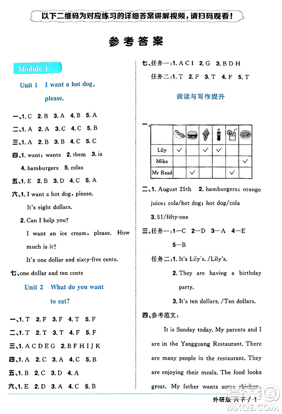 江西教育出版社2025年春陽光同學(xué)課時優(yōu)化作業(yè)六年級英語下冊外研版三起點答案