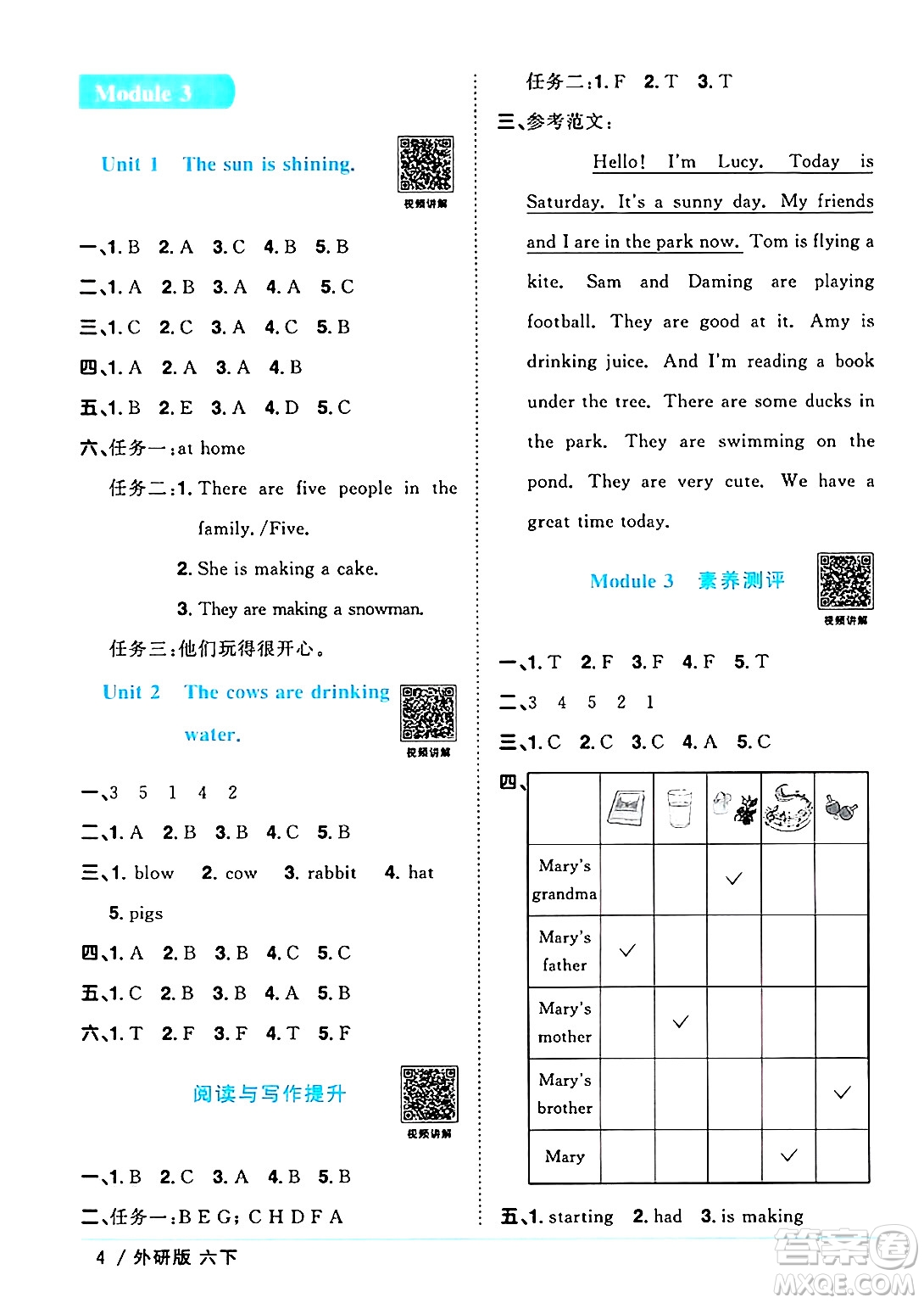 江西教育出版社2025年春陽光同學(xué)課時優(yōu)化作業(yè)六年級英語下冊外研版三起點答案