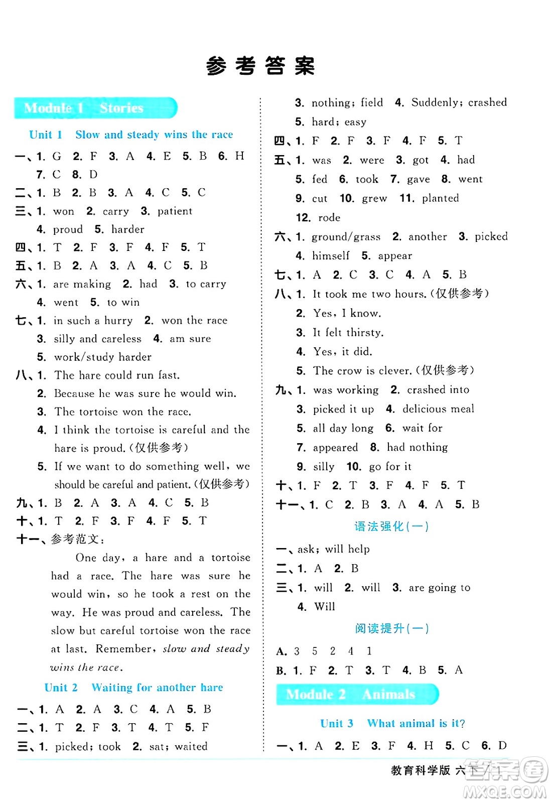 江西教育出版社2025年春陽光同學(xué)課時(shí)優(yōu)化作業(yè)六年級英語下冊教科版廣州專版答案