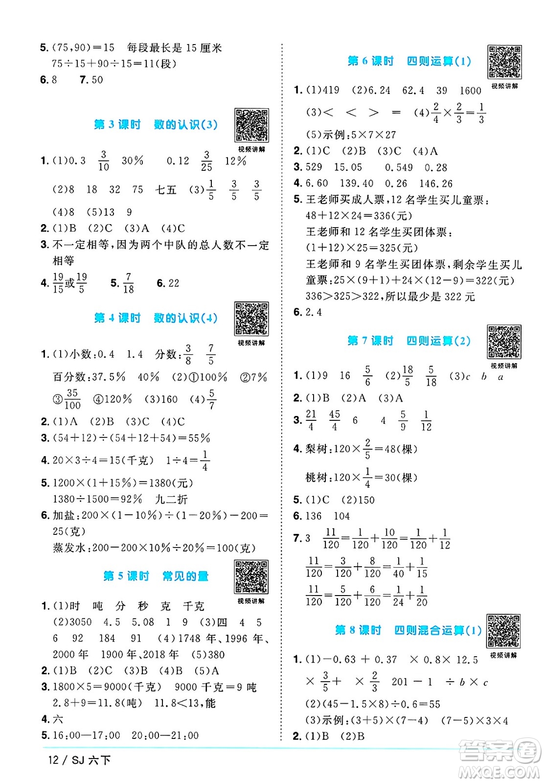 江西教育出版社2025年春陽光同學(xué)課時優(yōu)化作業(yè)六年級數(shù)學(xué)下冊蘇教版安徽專版答案