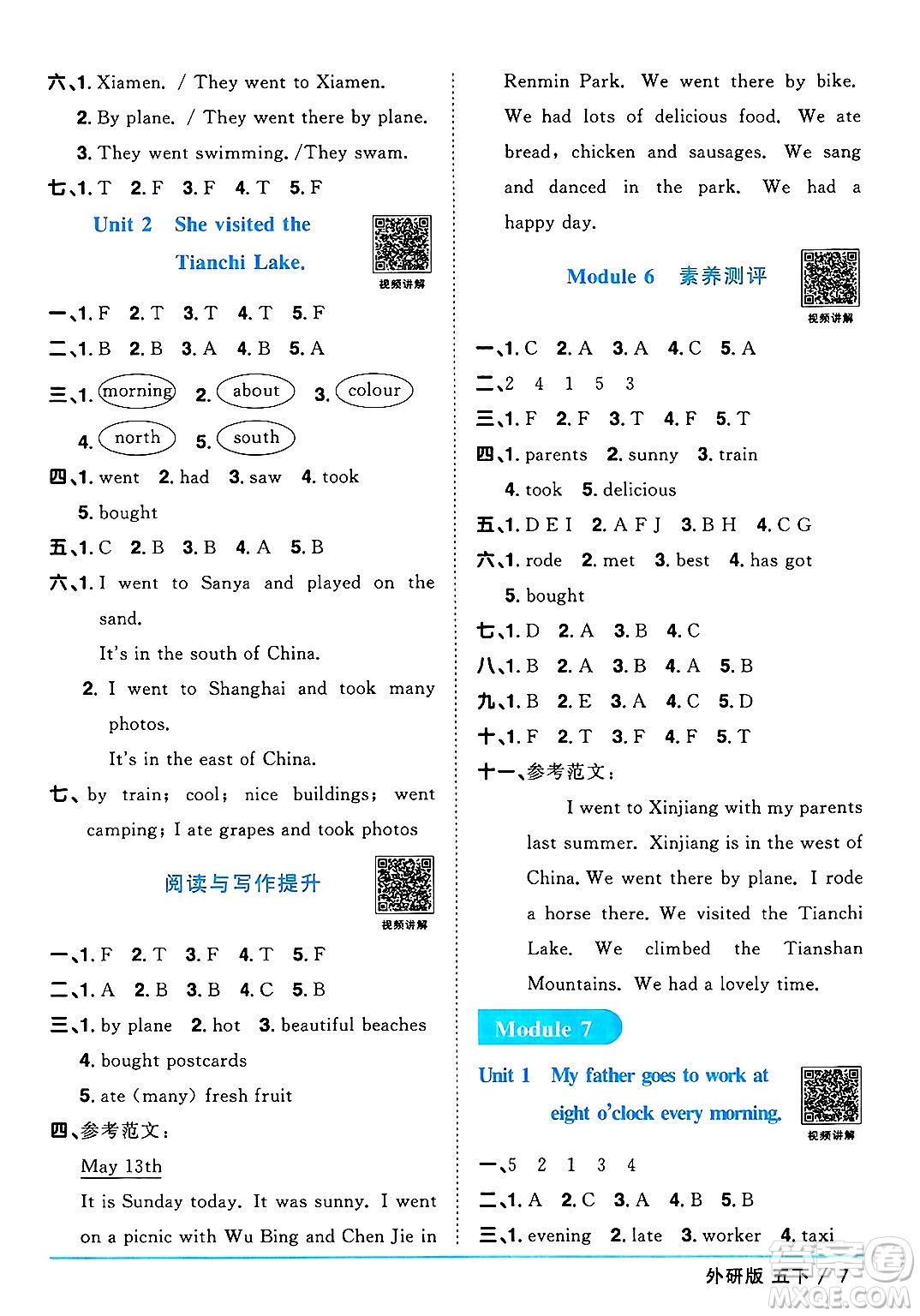 江西教育出版社2025年春陽光同學(xué)課時優(yōu)化作業(yè)五年級英語下冊外研版三起點答案