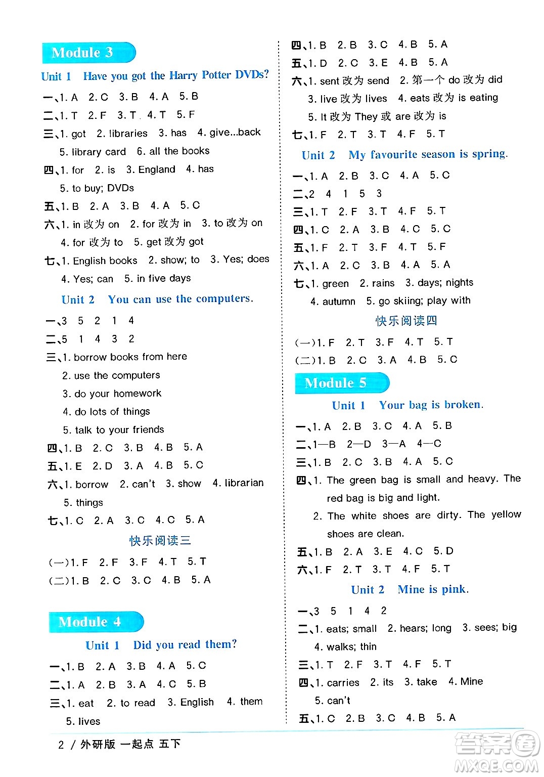 江西教育出版社2025年春陽光同學(xué)課時優(yōu)化作業(yè)五年級英語下冊外研版一起點答案