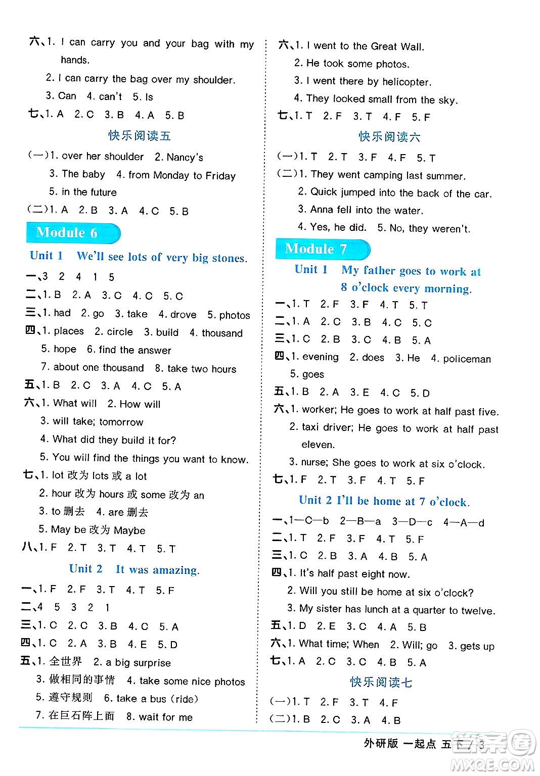 江西教育出版社2025年春陽光同學(xué)課時優(yōu)化作業(yè)五年級英語下冊外研版一起點答案