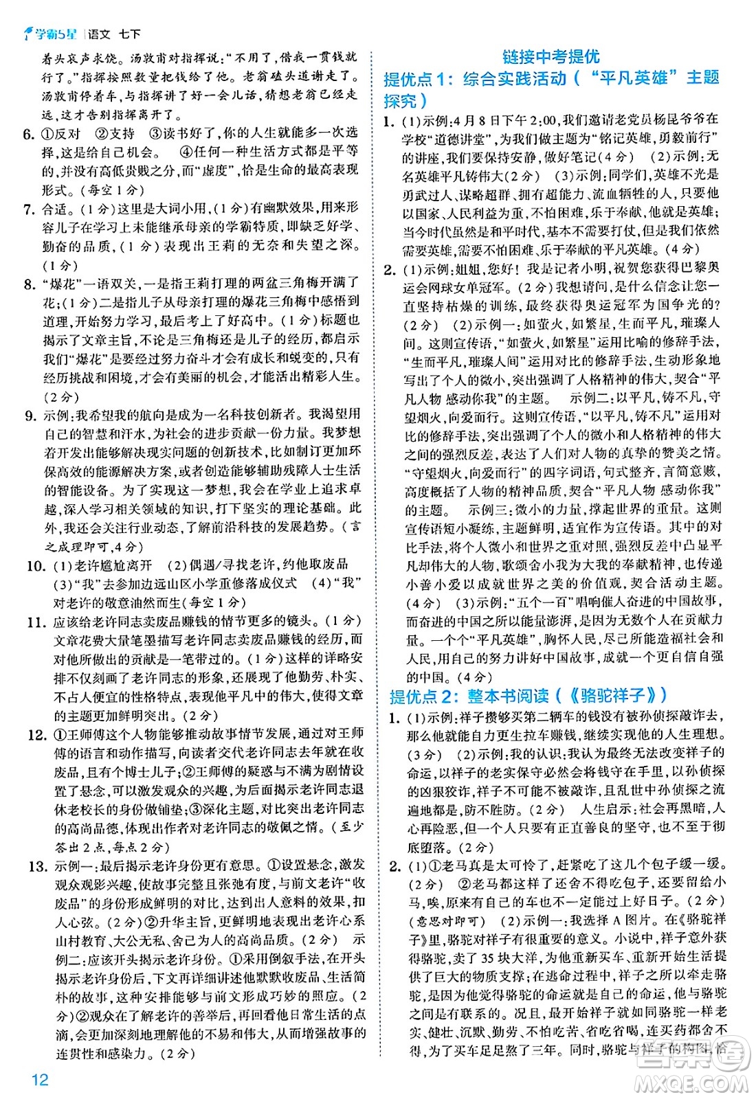 河海大學(xué)出版社2025年春初中5星學(xué)霸七年級(jí)語(yǔ)文下冊(cè)通用版答案