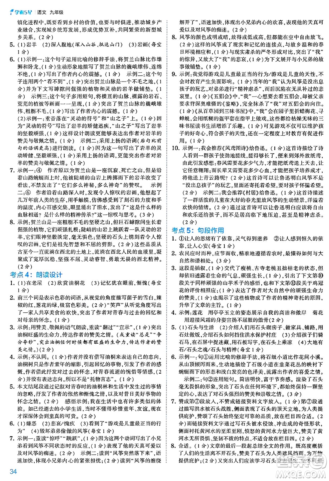 河海大學(xué)出版社2025年春初中5星學(xué)霸九年級語文下冊通用版答案