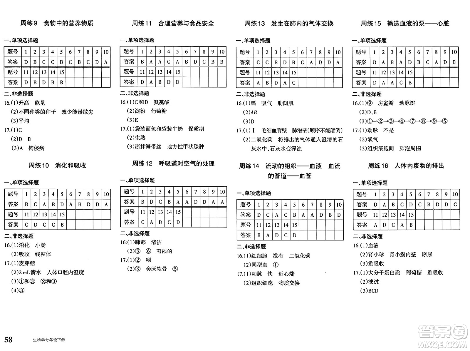 新疆青少年出版社2025年春優(yōu)學1+1評價與測試七年級生物下冊通用版答案