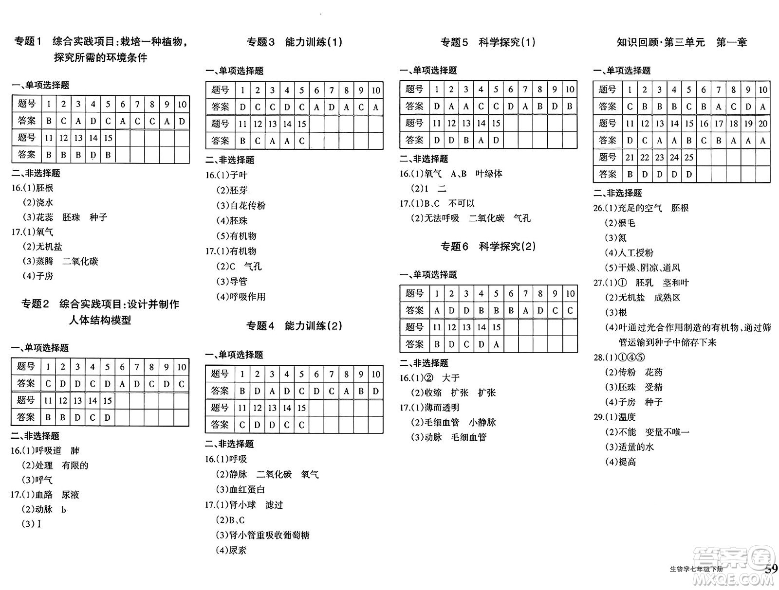 新疆青少年出版社2025年春優(yōu)學1+1評價與測試七年級生物下冊通用版答案