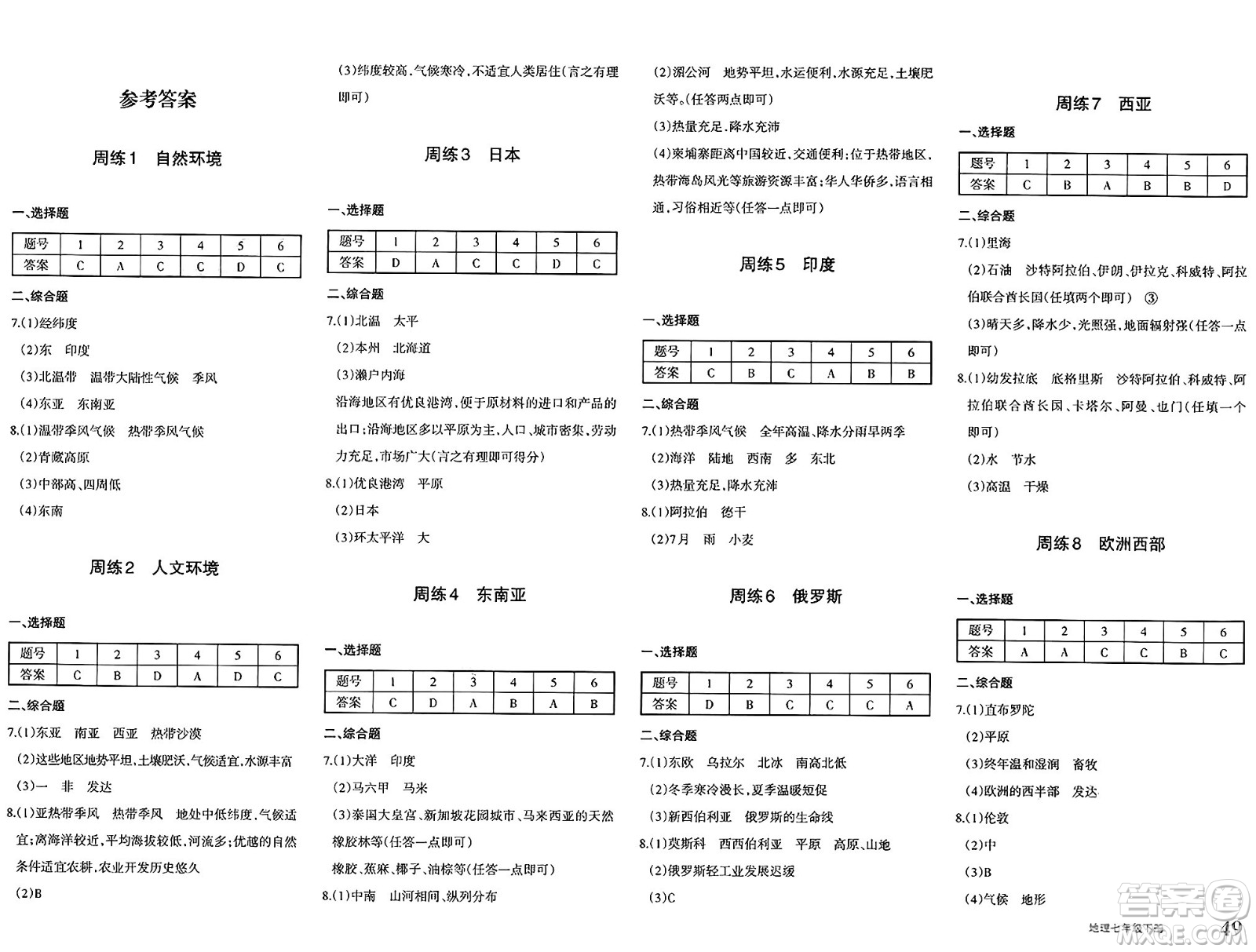 新疆青少年出版社2025年春優(yōu)學(xué)1+1評價(jià)與測試七年級地理下冊通用版答案
