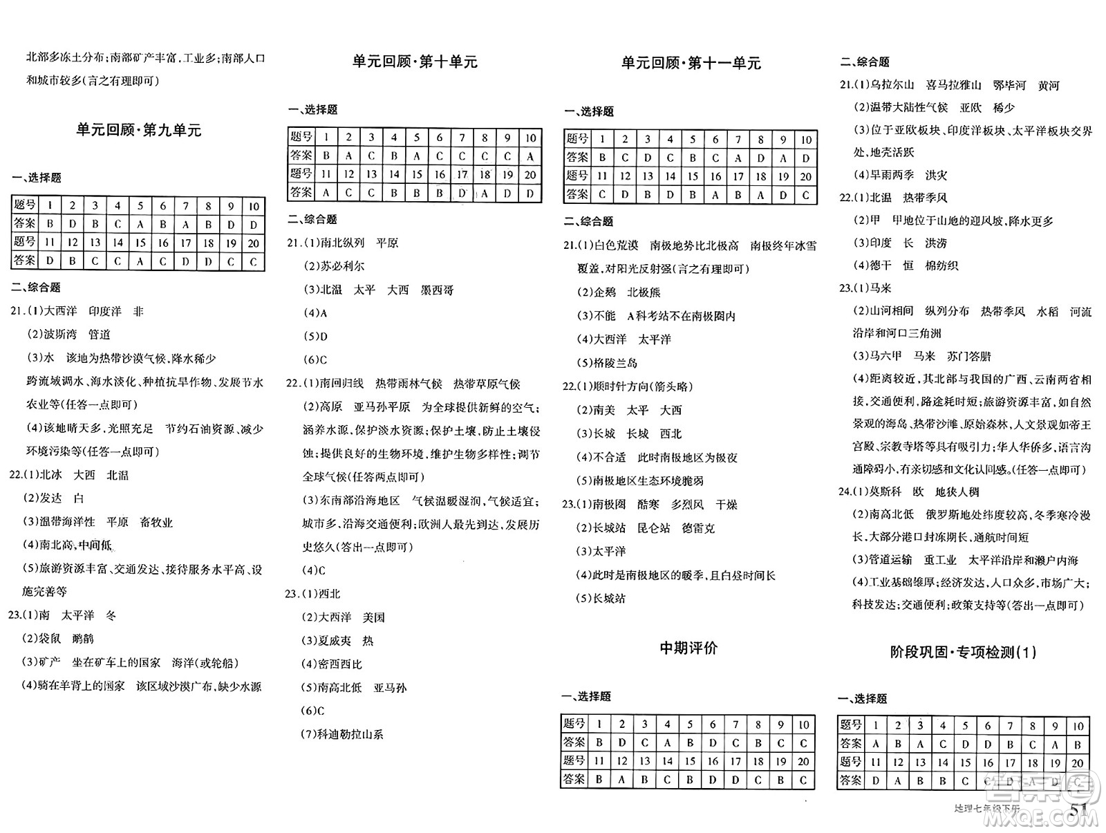 新疆青少年出版社2025年春優(yōu)學(xué)1+1評價(jià)與測試七年級地理下冊通用版答案