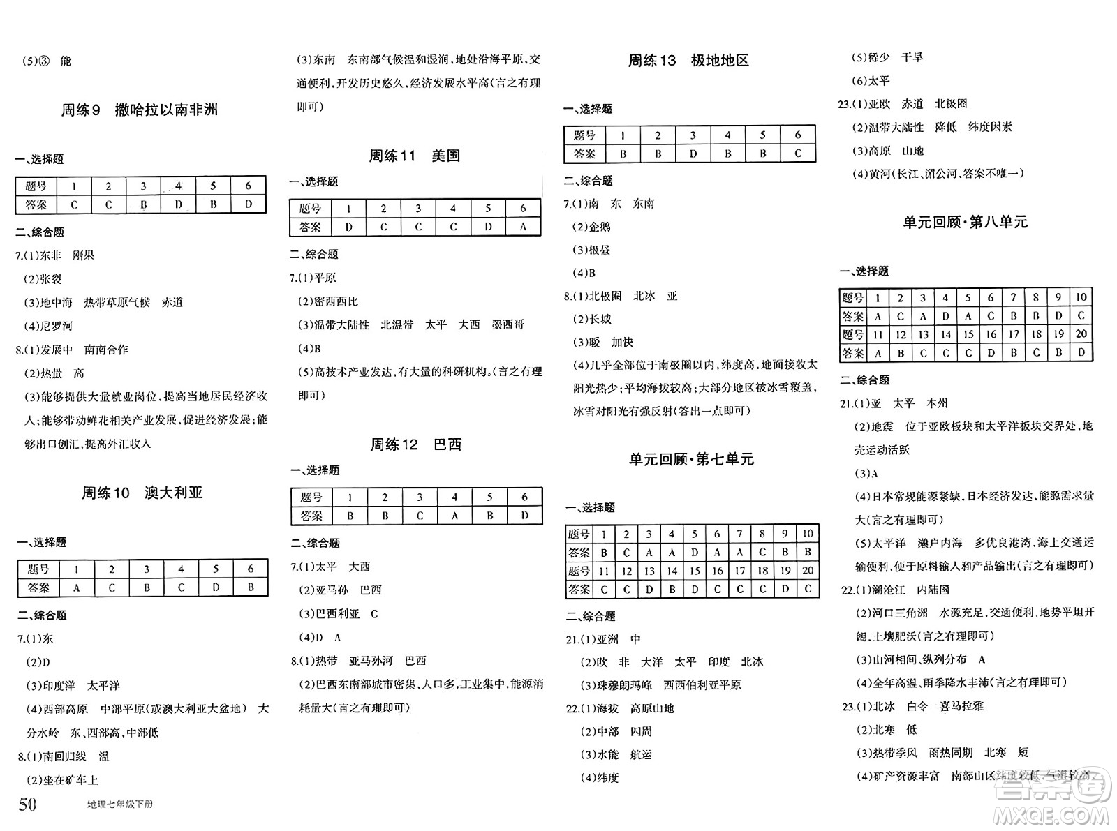 新疆青少年出版社2025年春優(yōu)學(xué)1+1評價(jià)與測試七年級地理下冊通用版答案