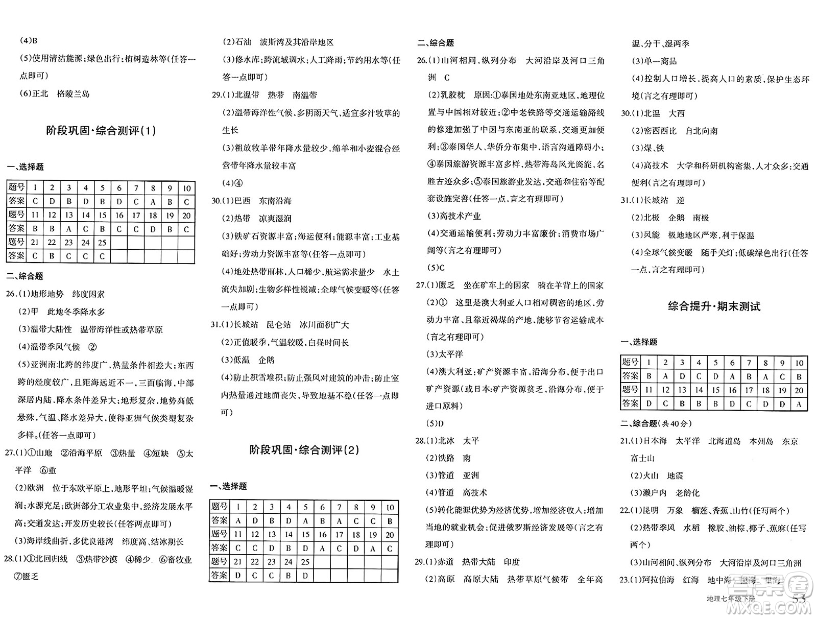 新疆青少年出版社2025年春優(yōu)學(xué)1+1評價(jià)與測試七年級地理下冊通用版答案
