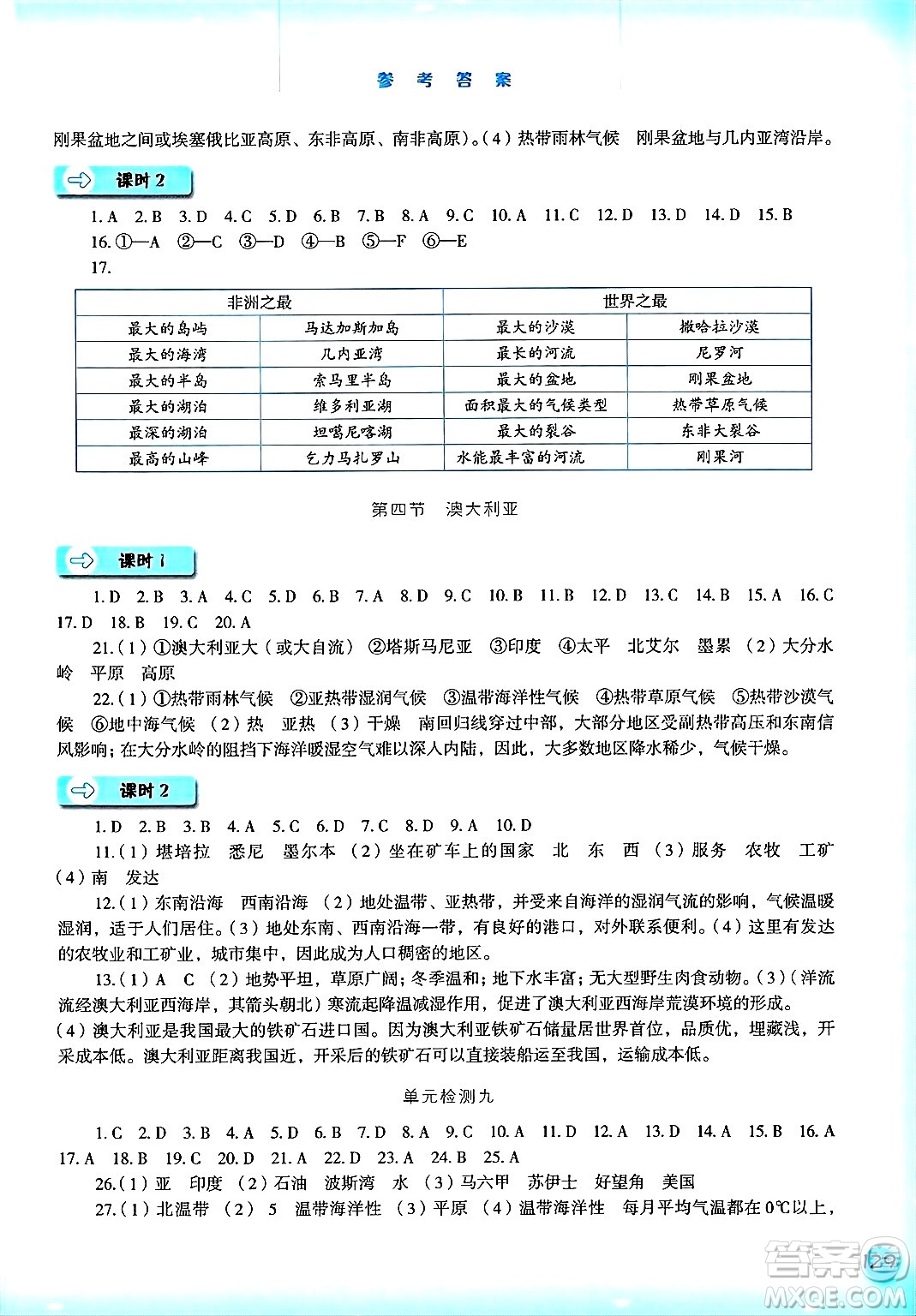 河北人民出版社2025年春同步訓(xùn)練七年級(jí)地理下冊(cè)人教版答案