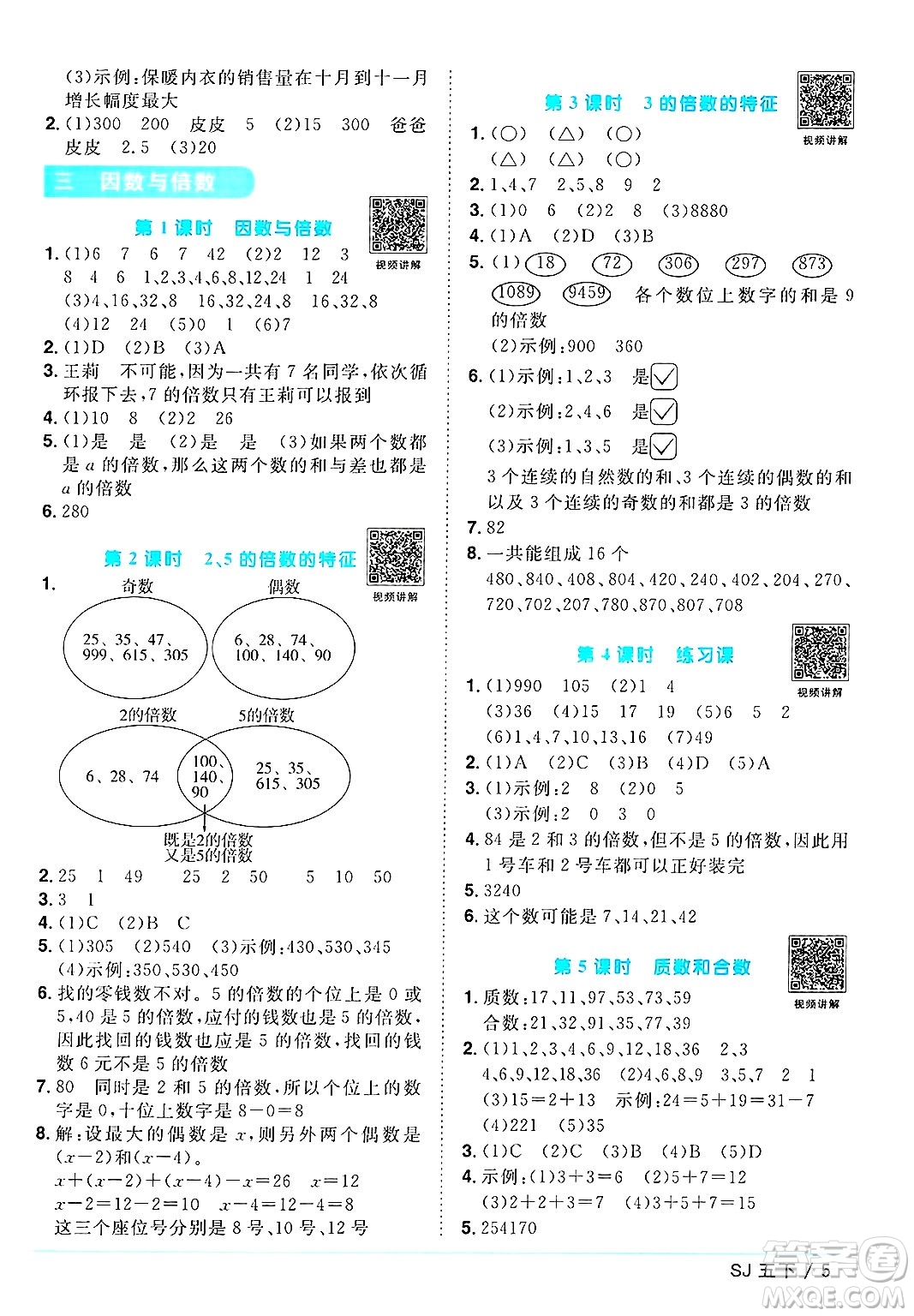 江西教育出版社2025年春陽光同學(xué)課時優(yōu)化作業(yè)五年級數(shù)學(xué)下冊蘇教版安徽專版答案