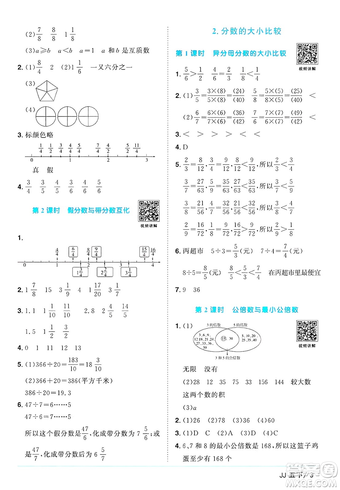 江西教育出版社2025年春陽光同學(xué)課時優(yōu)化作業(yè)五年級數(shù)學(xué)下冊冀教版河北專版答案