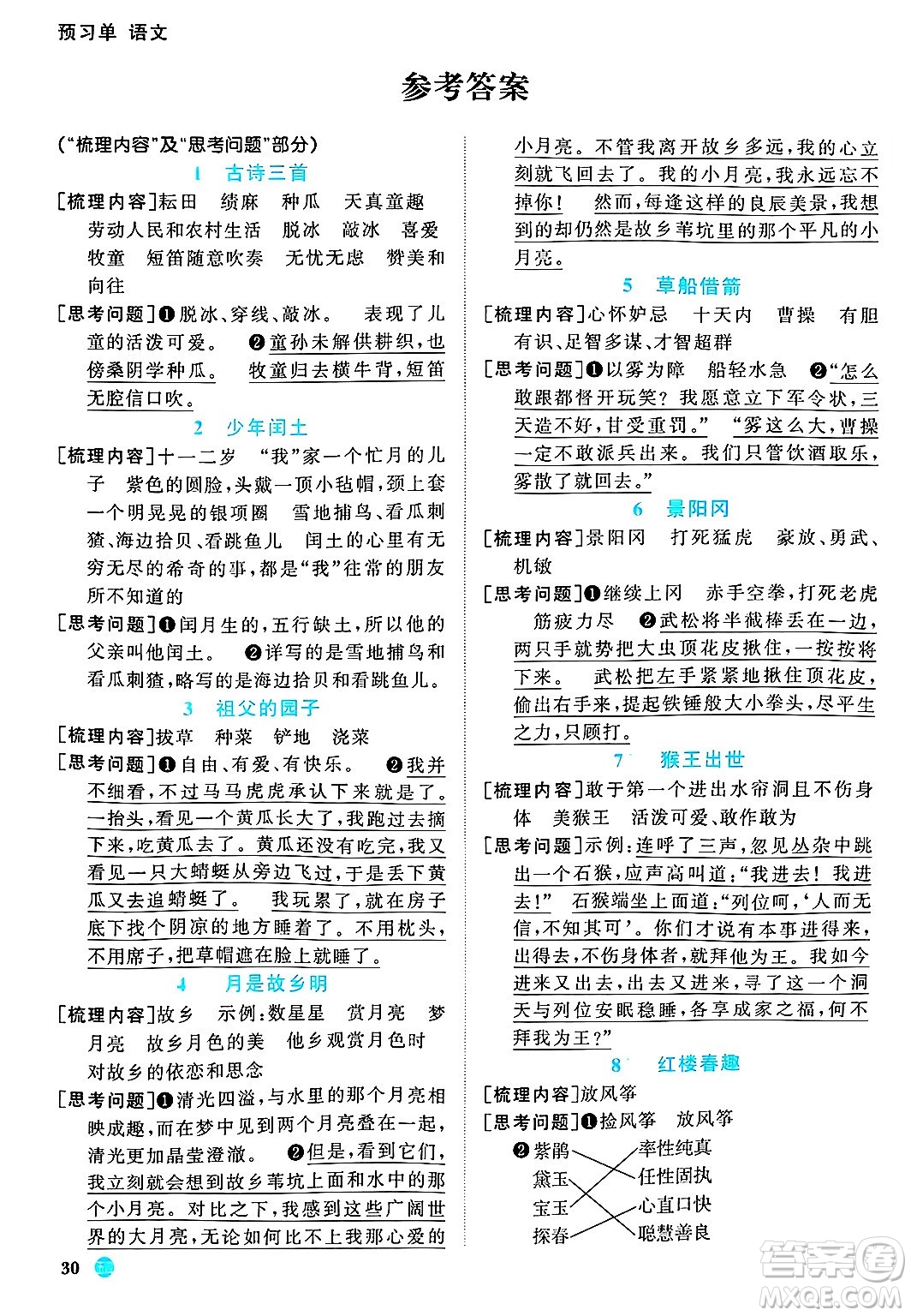江西教育出版社2025年春陽光同學(xué)課時(shí)優(yōu)化作業(yè)五年級語文下冊魯教版山東專版答案