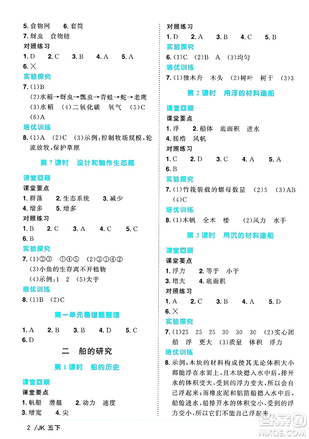 江西教育出版社2025年春陽光同學(xué)課時優(yōu)化作業(yè)五年級科學(xué)下冊教科版答案