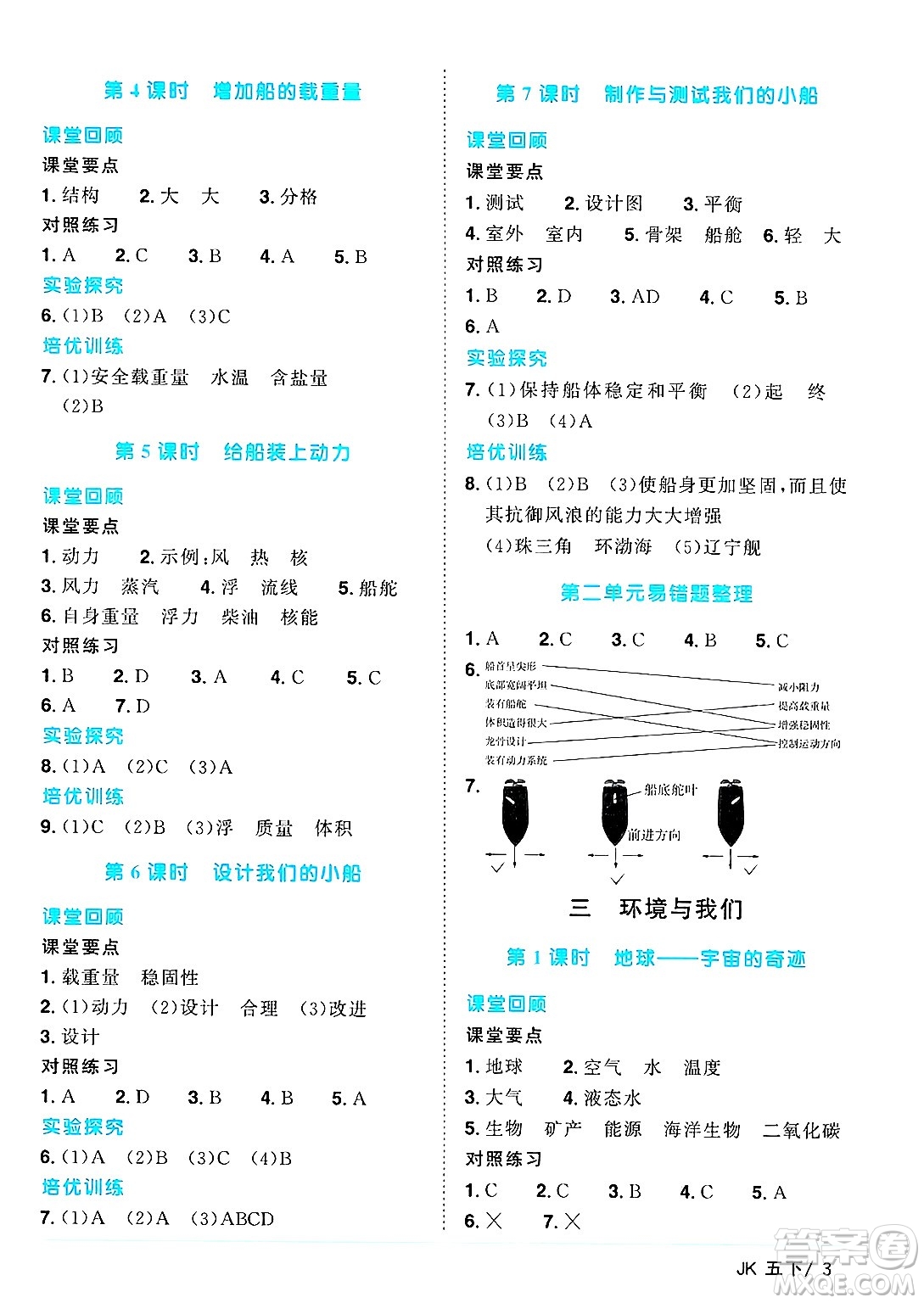 江西教育出版社2025年春陽光同學(xué)課時優(yōu)化作業(yè)五年級科學(xué)下冊教科版答案