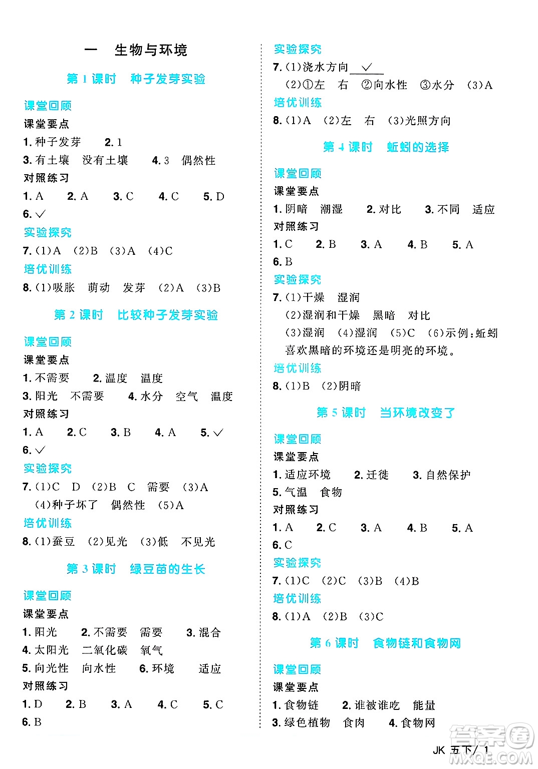 江西教育出版社2025年春陽光同學(xué)課時優(yōu)化作業(yè)五年級科學(xué)下冊教科版答案