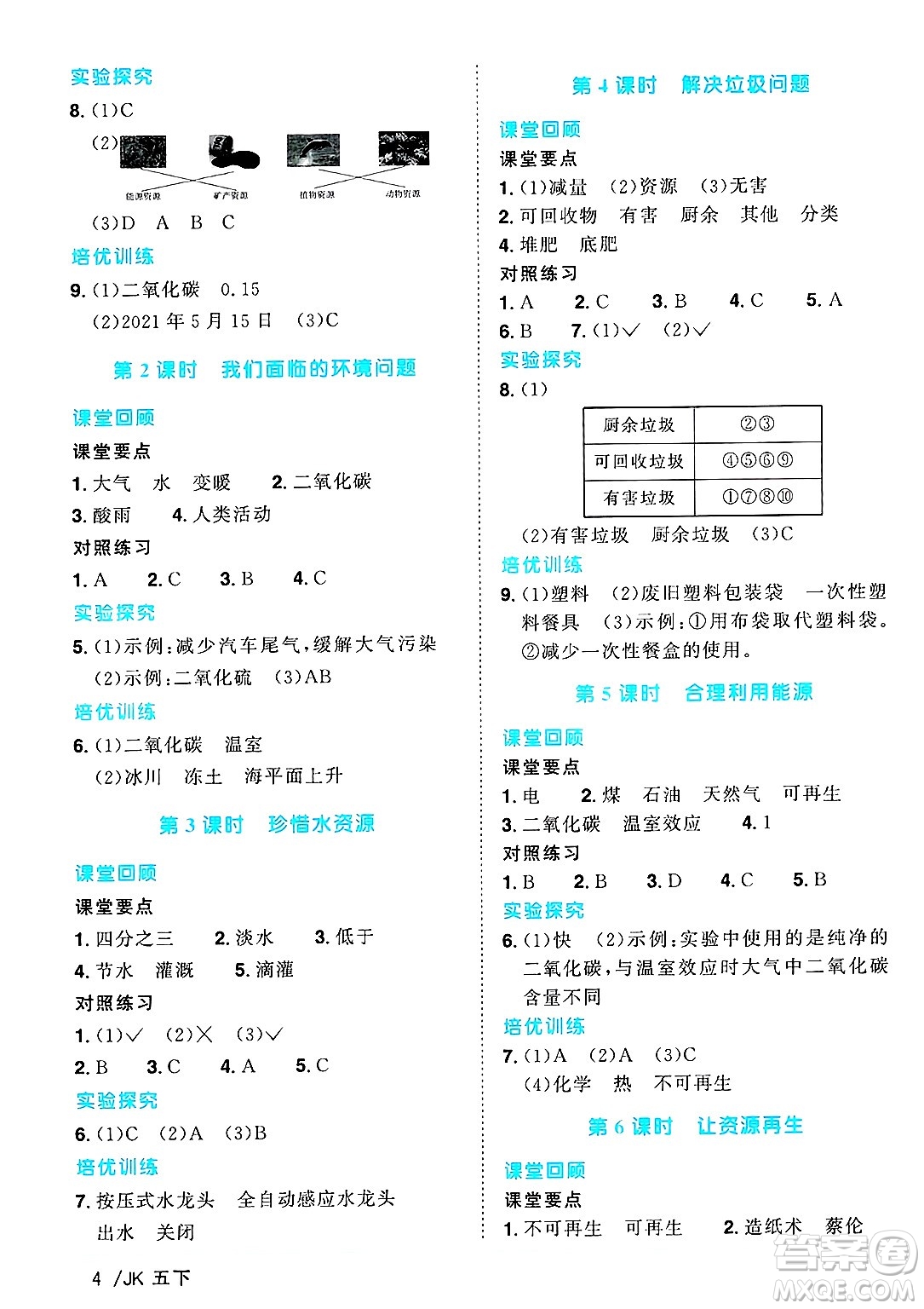 江西教育出版社2025年春陽光同學(xué)課時優(yōu)化作業(yè)五年級科學(xué)下冊教科版答案