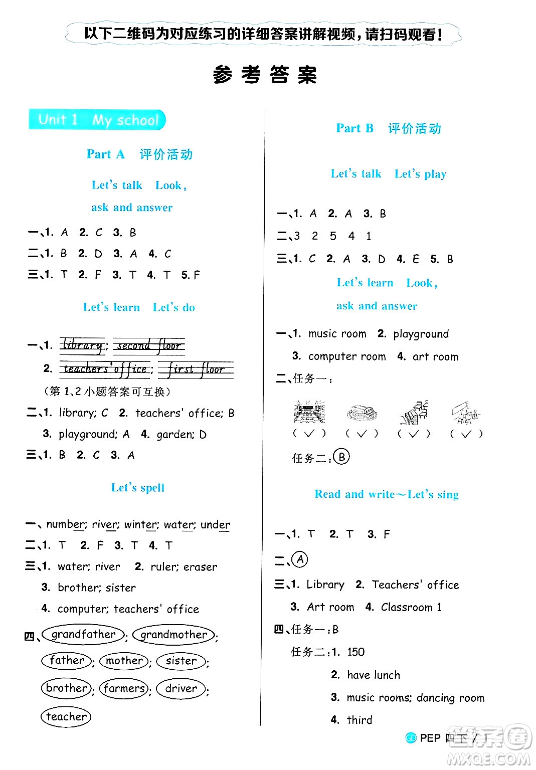 江西教育出版社2025年春陽(yáng)光同學(xué)課時(shí)優(yōu)化作業(yè)四年級(jí)英語(yǔ)下冊(cè)人教PEP版廣東專版答案