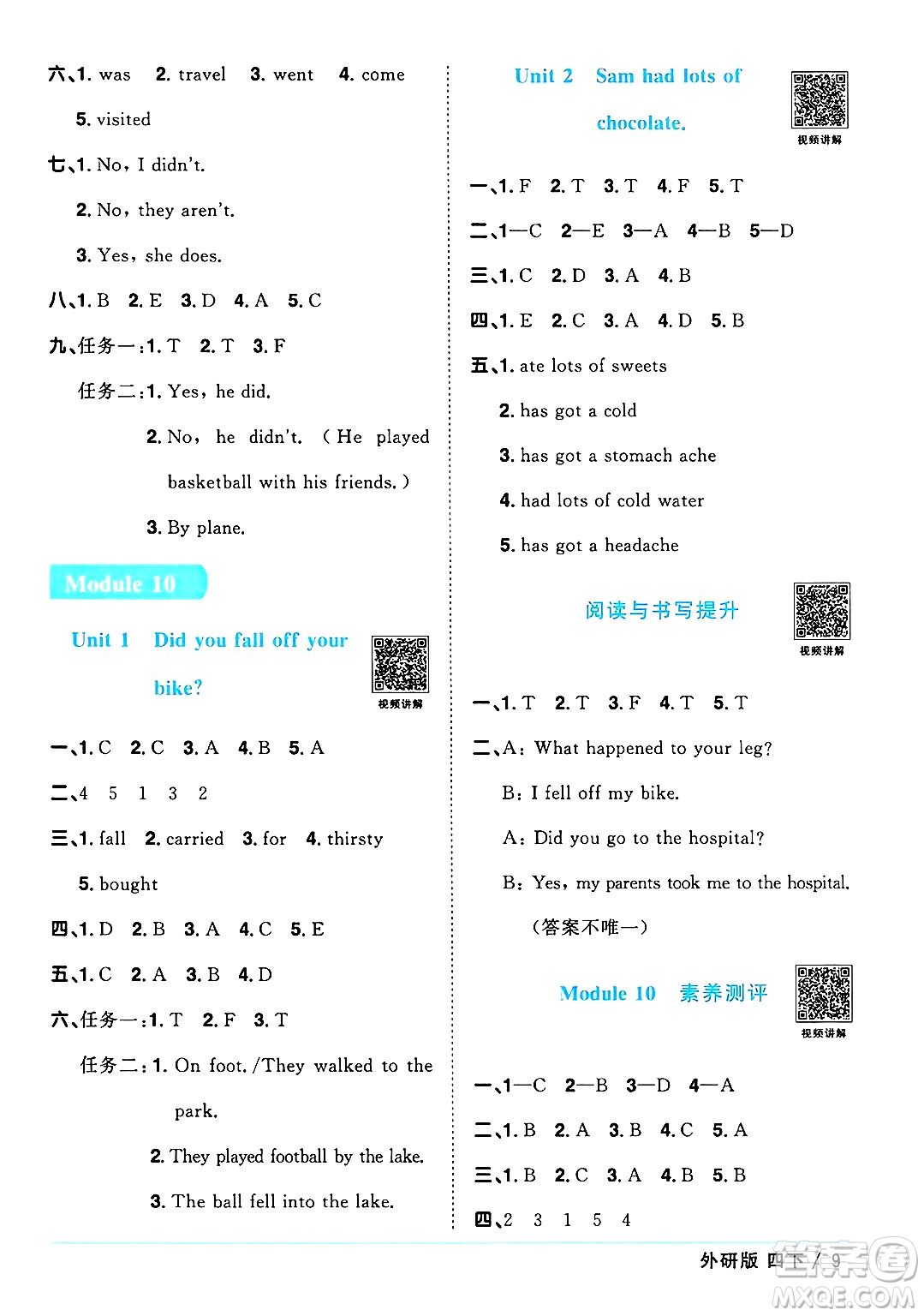 江西教育出版社2025年春陽光同學課時優(yōu)化作業(yè)四年級英語下冊外研版三起點答案