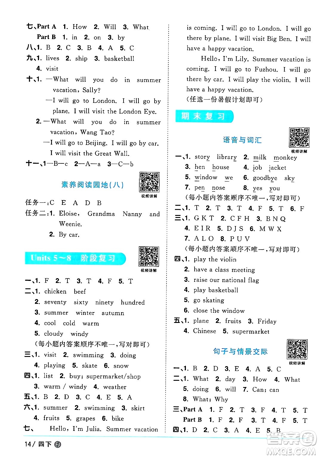 江西教育出版社2025年春陽光同學課時優(yōu)化作業(yè)四年級英語下冊閩教版福建專版答案