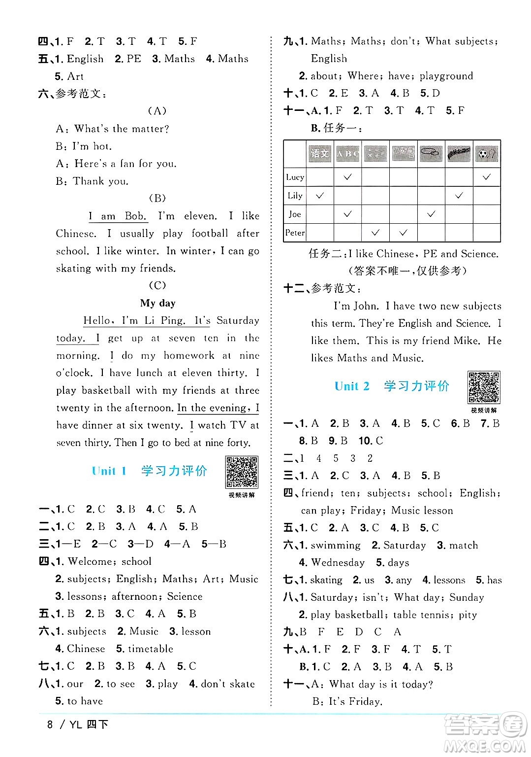 江西教育出版社2025年春陽(yáng)光同學(xué)課時(shí)優(yōu)化作業(yè)四年級(jí)英語(yǔ)下冊(cè)譯林版江蘇專版答案