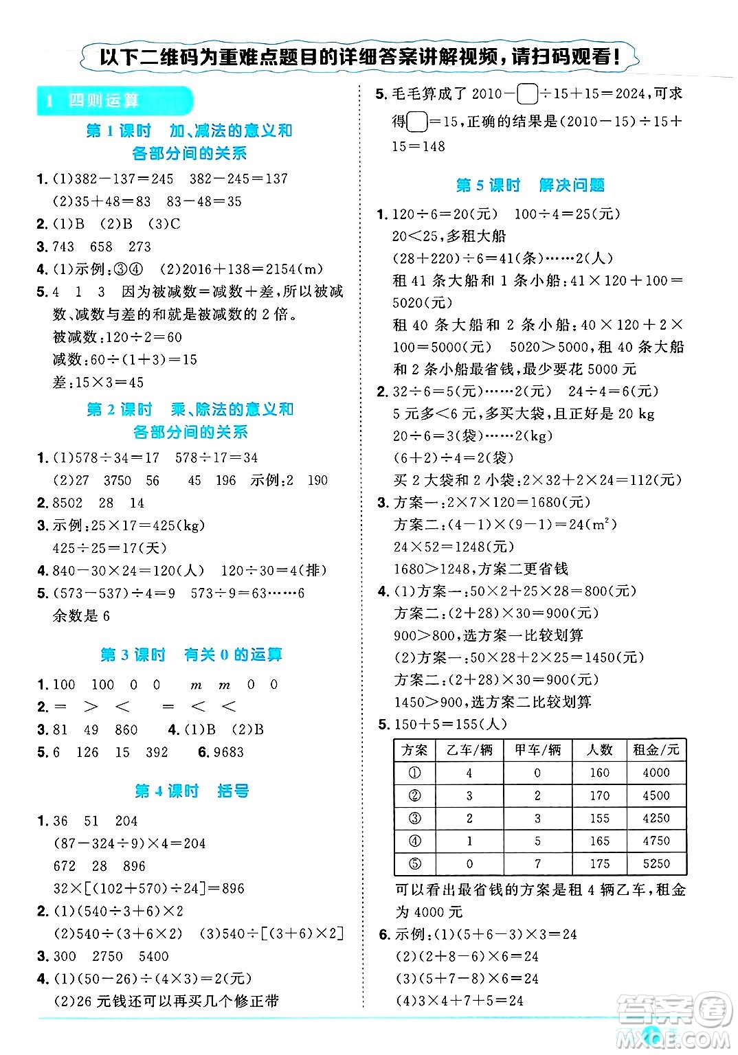江西教育出版社2025年春陽光同學(xué)課時優(yōu)化作業(yè)四年級數(shù)學(xué)下冊人教版湖北專版答案