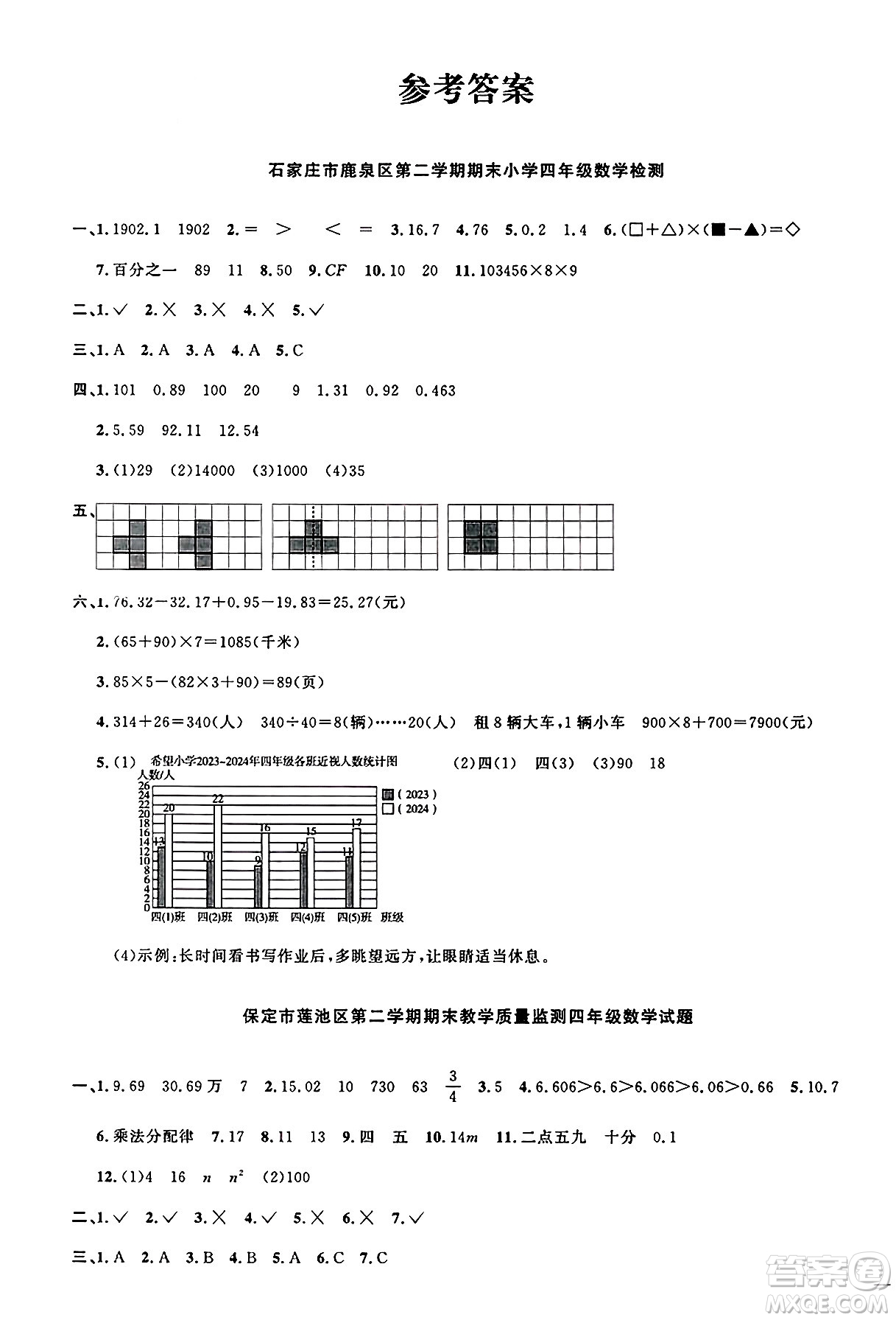 江西教育出版社2025年春陽光同學課時優(yōu)化作業(yè)四年級數(shù)學下冊人教版河北專版答案