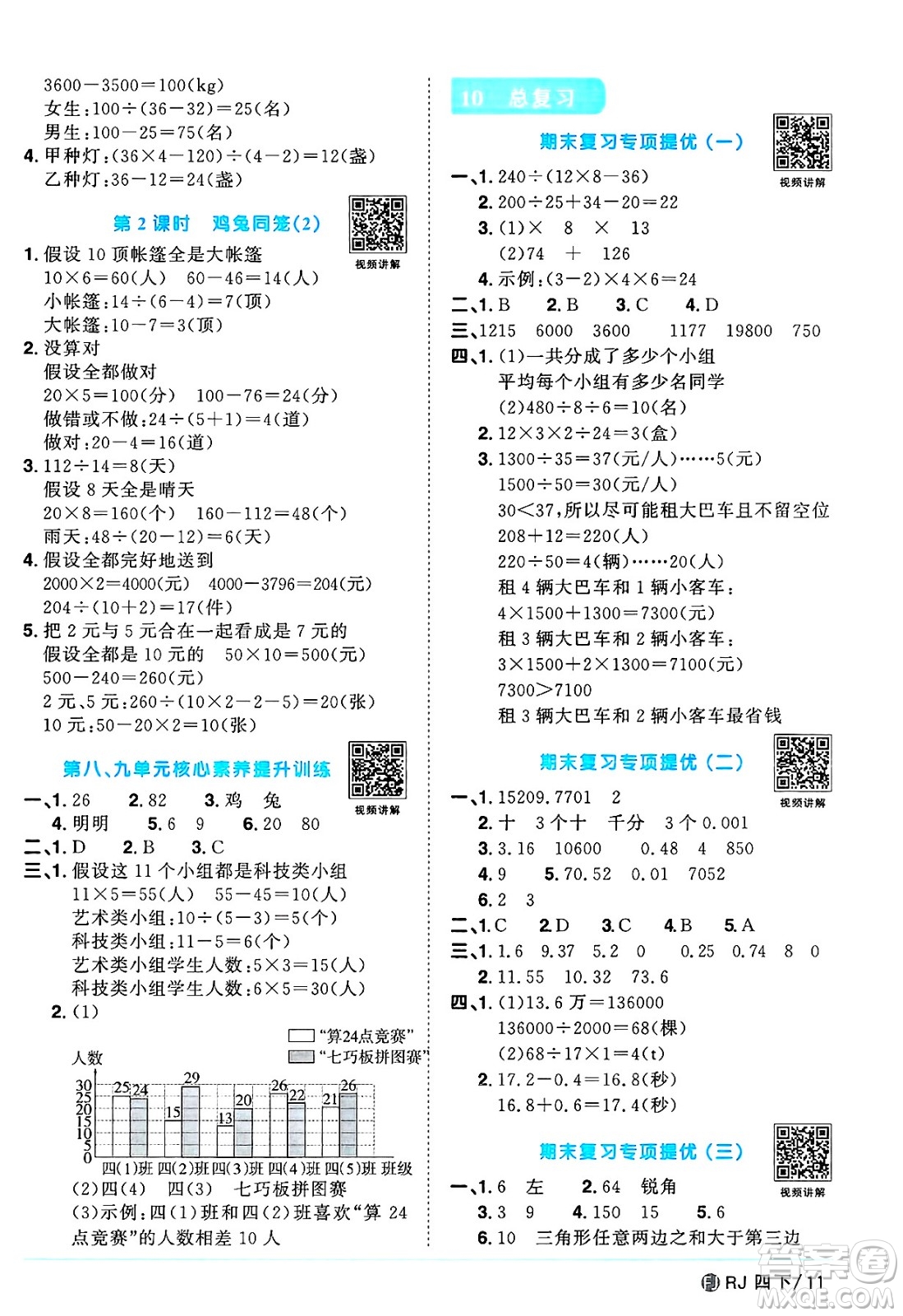 福建少年兒童出版社2025年春陽光同學課時優(yōu)化作業(yè)四年級數(shù)學下冊人教版福建專版答案