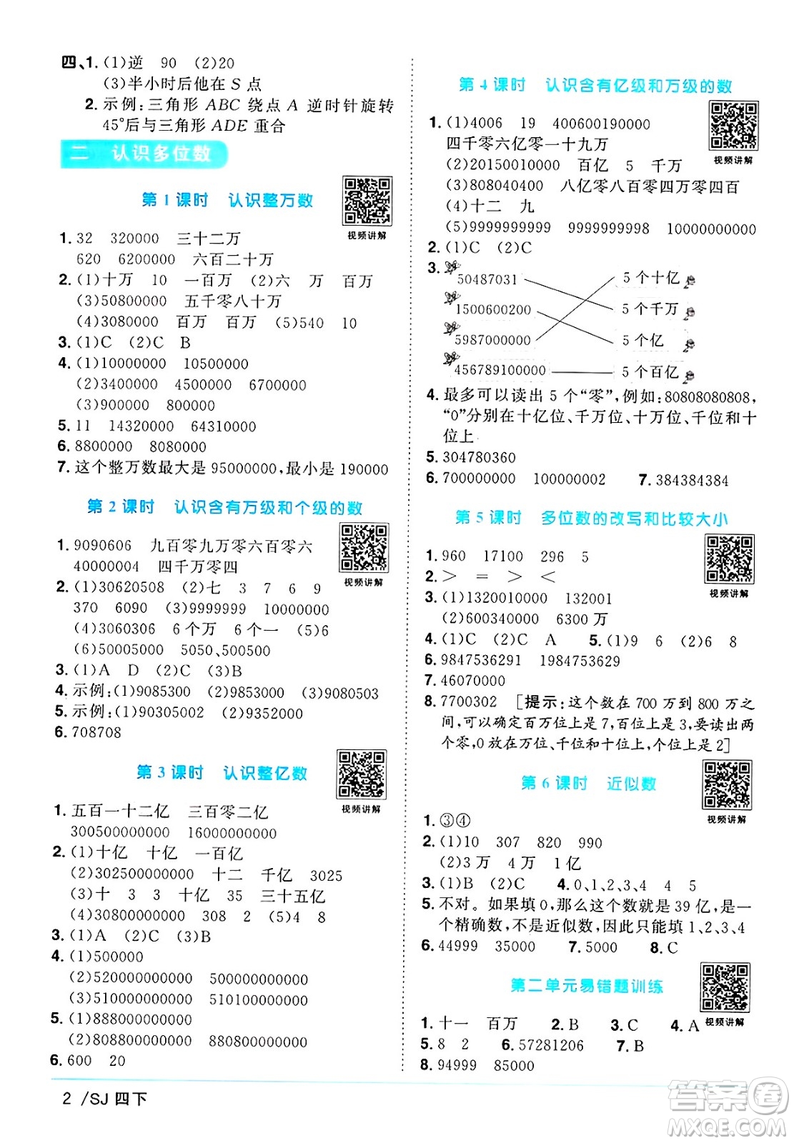 江西教育出版社2025年春陽(yáng)光同學(xué)課時(shí)優(yōu)化作業(yè)四年級(jí)數(shù)學(xué)下冊(cè)蘇教版蘇南專版答案