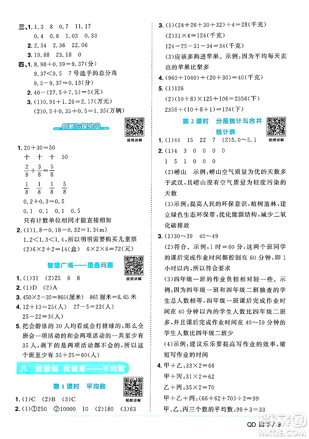 江西教育出版社2025年春陽光同學(xué)課時優(yōu)化作業(yè)四年級數(shù)學(xué)下冊青島版山東專版答案