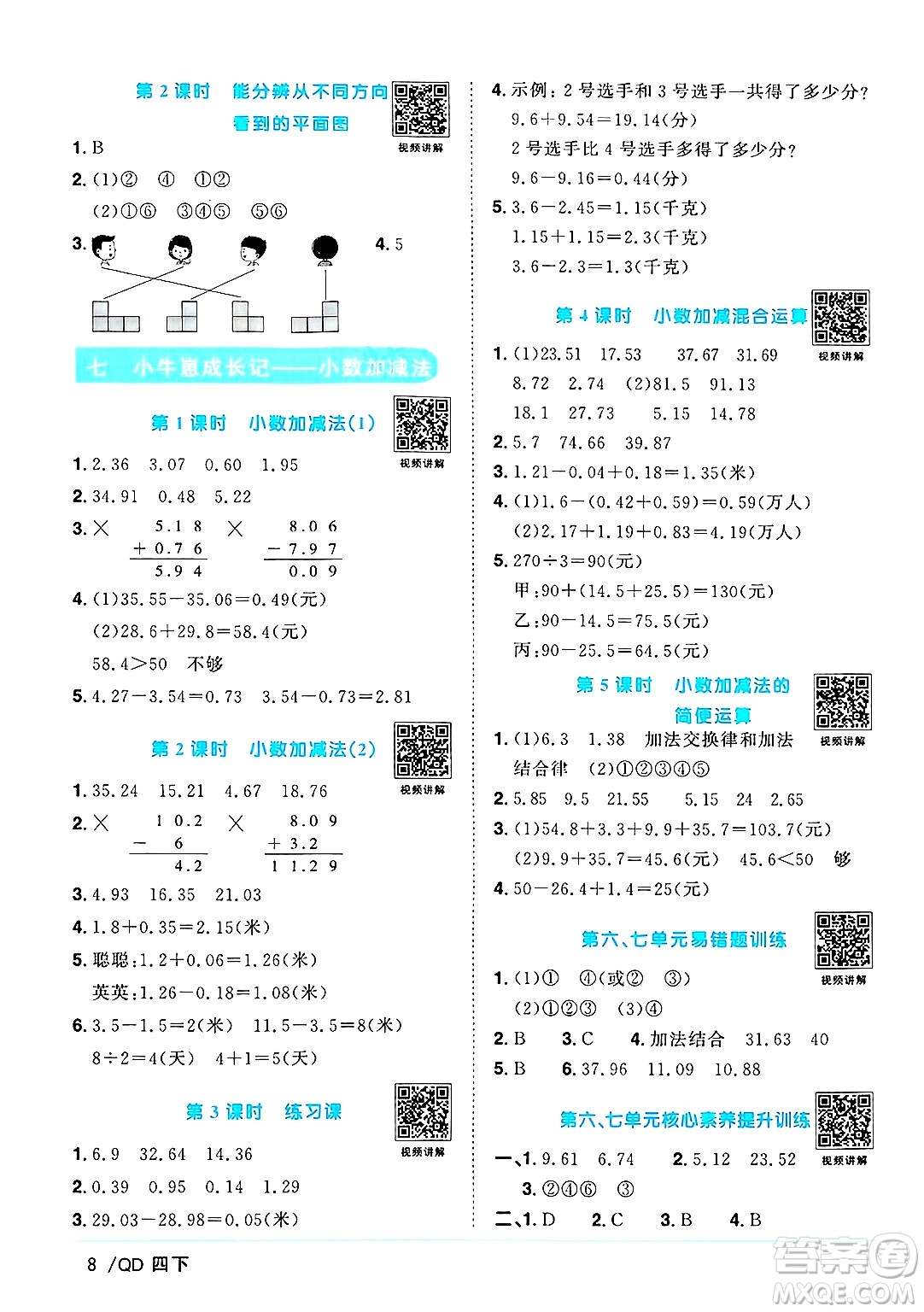 江西教育出版社2025年春陽光同學(xué)課時優(yōu)化作業(yè)四年級數(shù)學(xué)下冊青島版山東專版答案