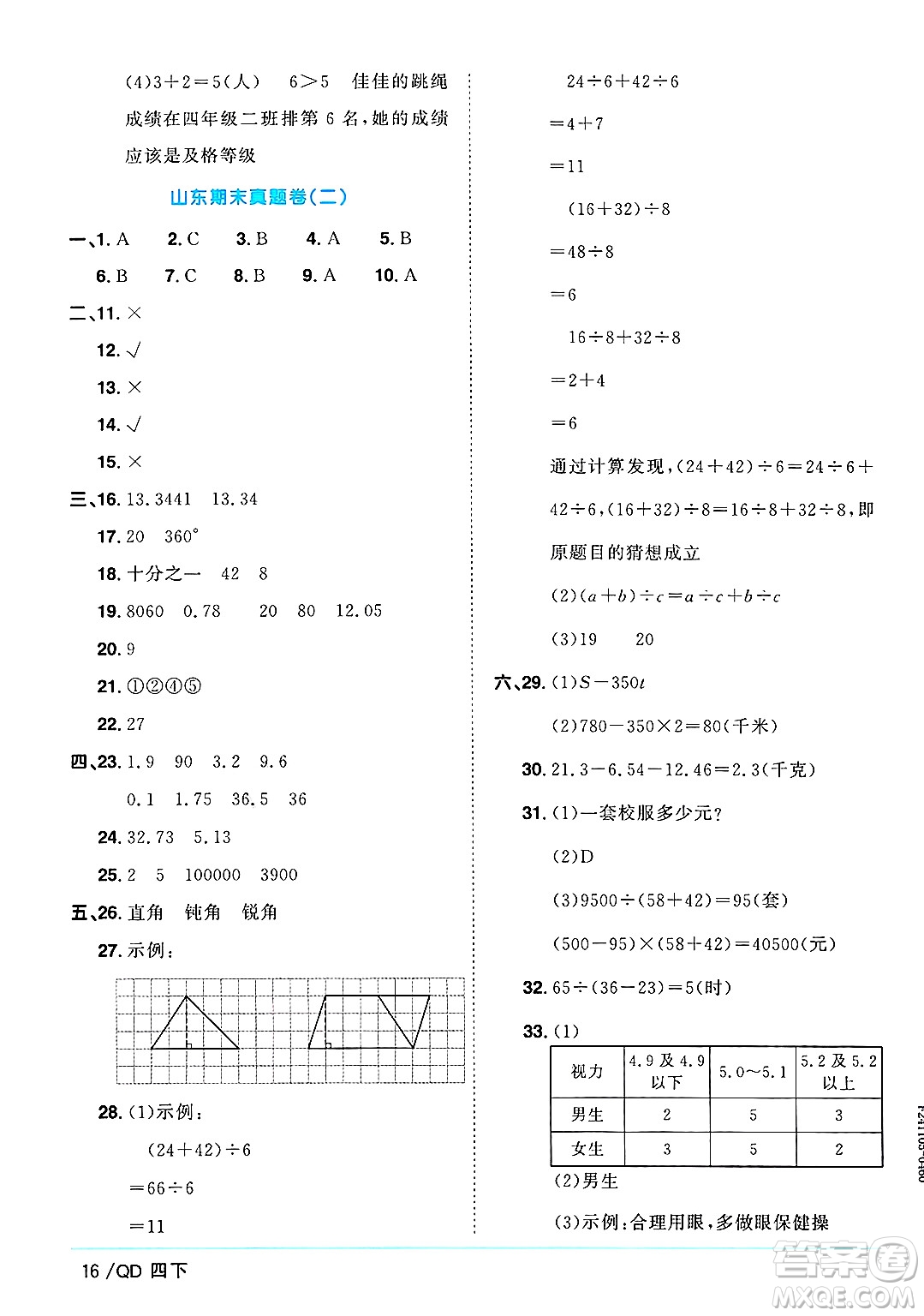 江西教育出版社2025年春陽光同學(xué)課時優(yōu)化作業(yè)四年級數(shù)學(xué)下冊青島版山東專版答案