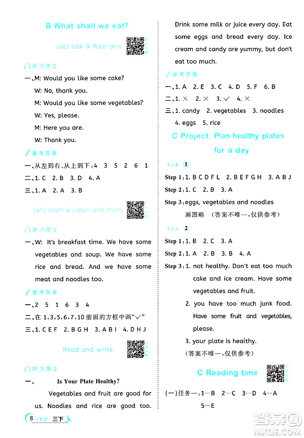 江西教育出版社2025年春陽光同學(xué)課時(shí)優(yōu)化作業(yè)三年級(jí)英語下冊人教PEP版答案