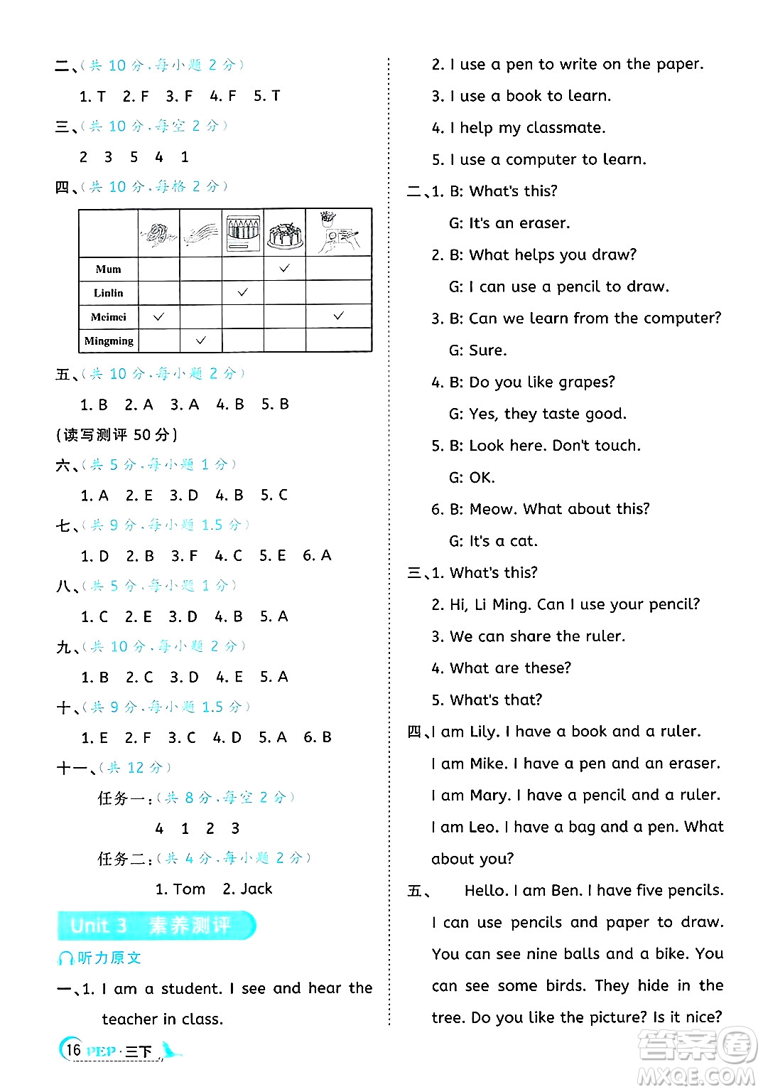 江西教育出版社2025年春陽光同學(xué)課時(shí)優(yōu)化作業(yè)三年級(jí)英語下冊人教PEP版答案