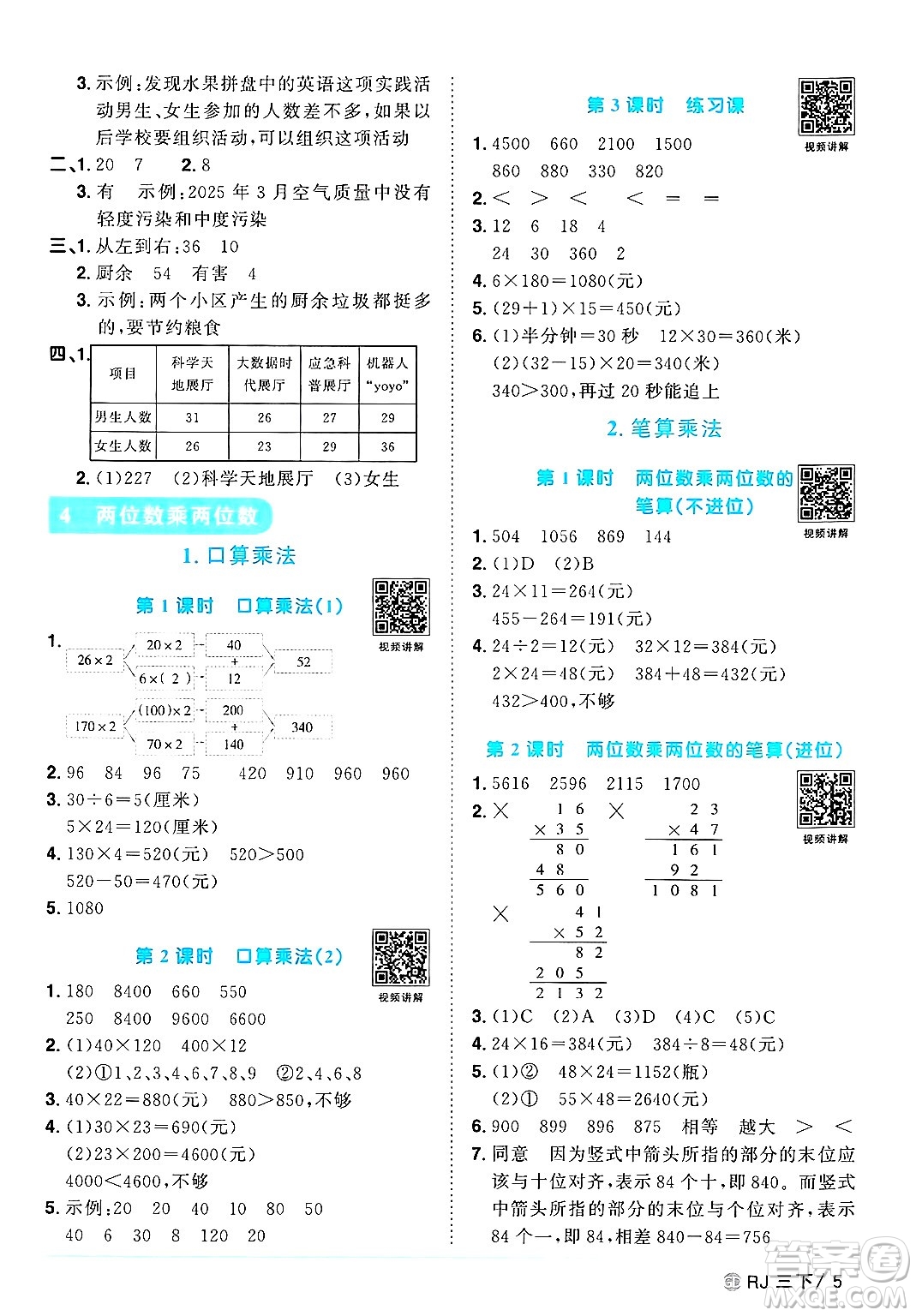 廣東人民出版社2025年春陽光同學課時優(yōu)化作業(yè)三年級數(shù)學下冊人教版廣東專版答案