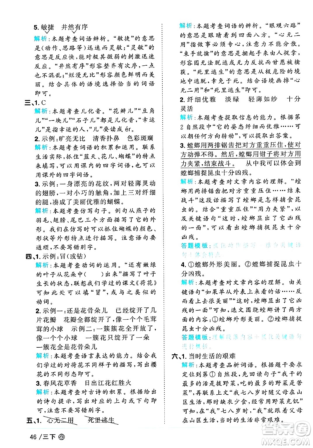 甘肅少年兒童出版社2025年春陽光同學(xué)課時優(yōu)化作業(yè)三年級語文下冊人教版山東聊城專版答案