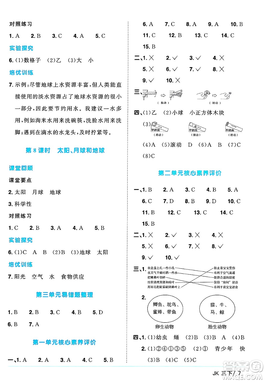 江西教育出版社2025年春陽光同學課時優(yōu)化作業(yè)三年級科學下冊教科版答案