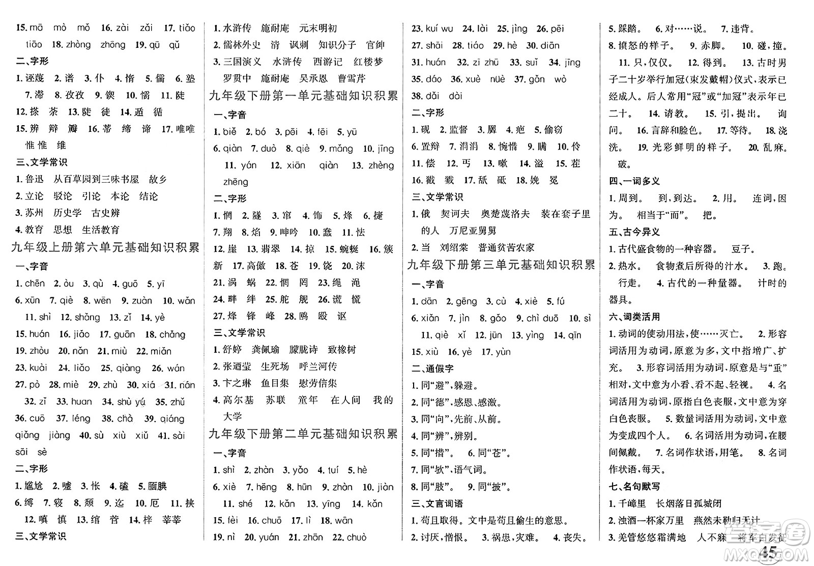 浙江教育出版社2025年春自主高效練九年級(jí)語文下冊(cè)通用版答案