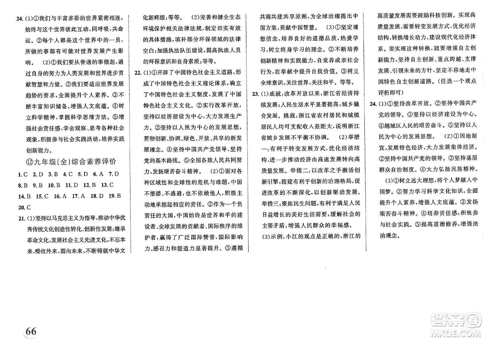 浙江教育出版社2025年春自主高效練九年級道德與法治下冊通用版答案