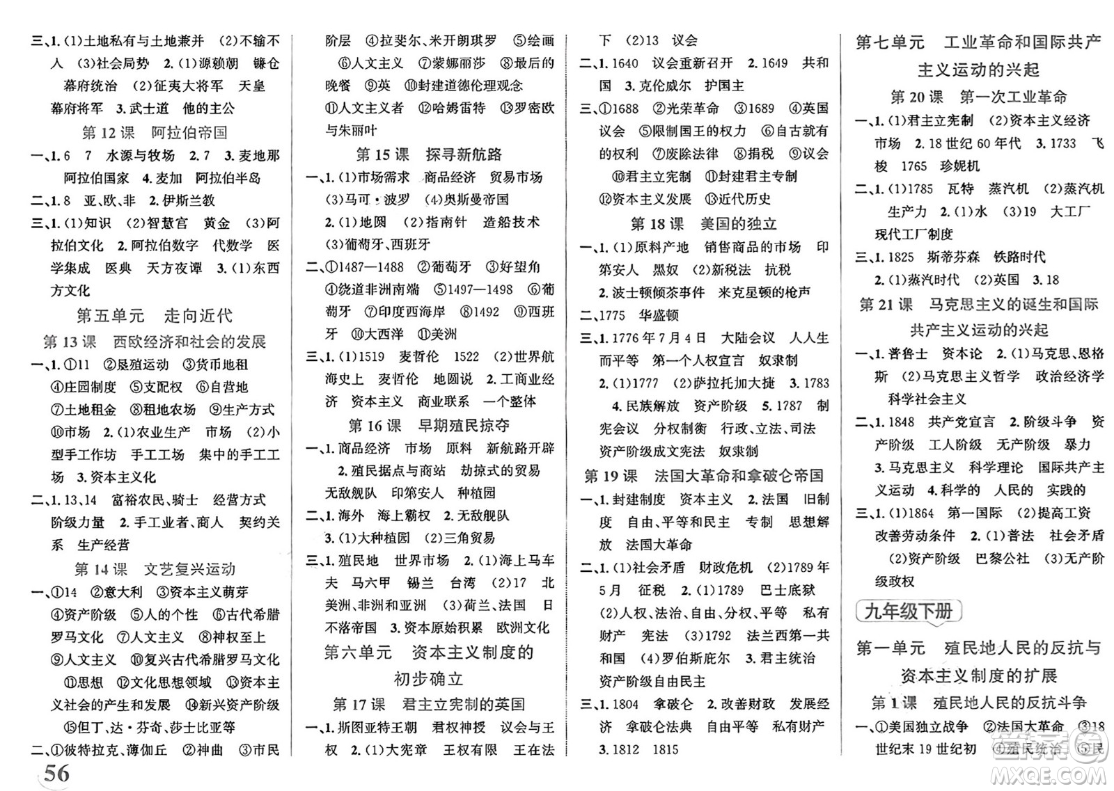 浙江教育出版社2025年春自主高效練九年級歷史下冊通用版答案