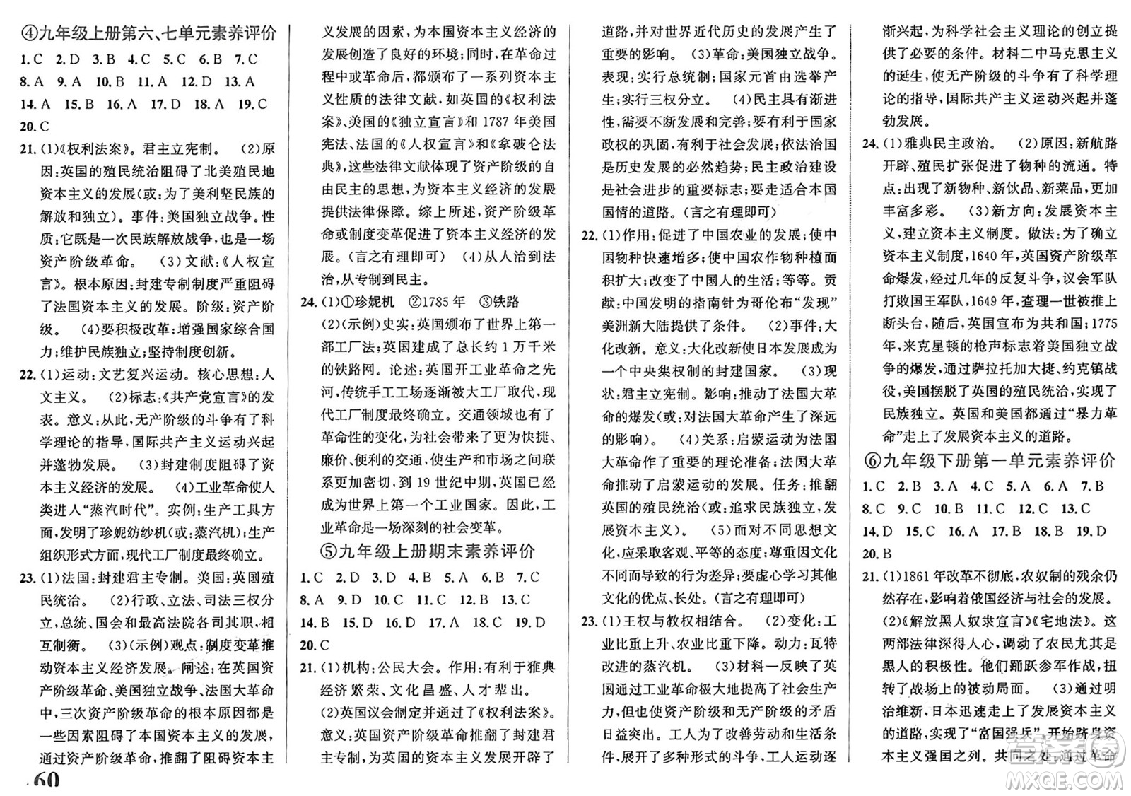浙江教育出版社2025年春自主高效練九年級歷史下冊通用版答案