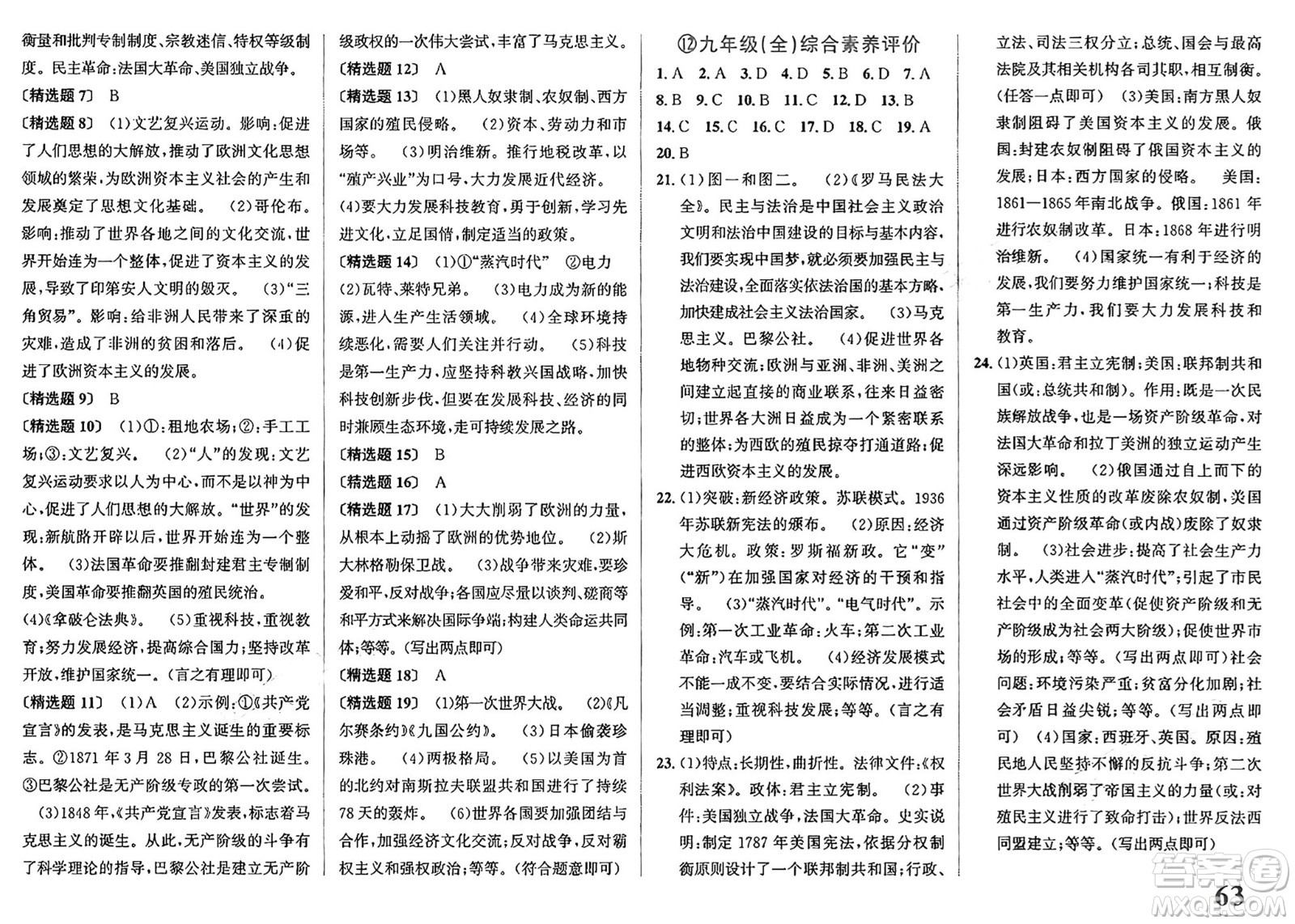 浙江教育出版社2025年春自主高效練九年級歷史下冊通用版答案