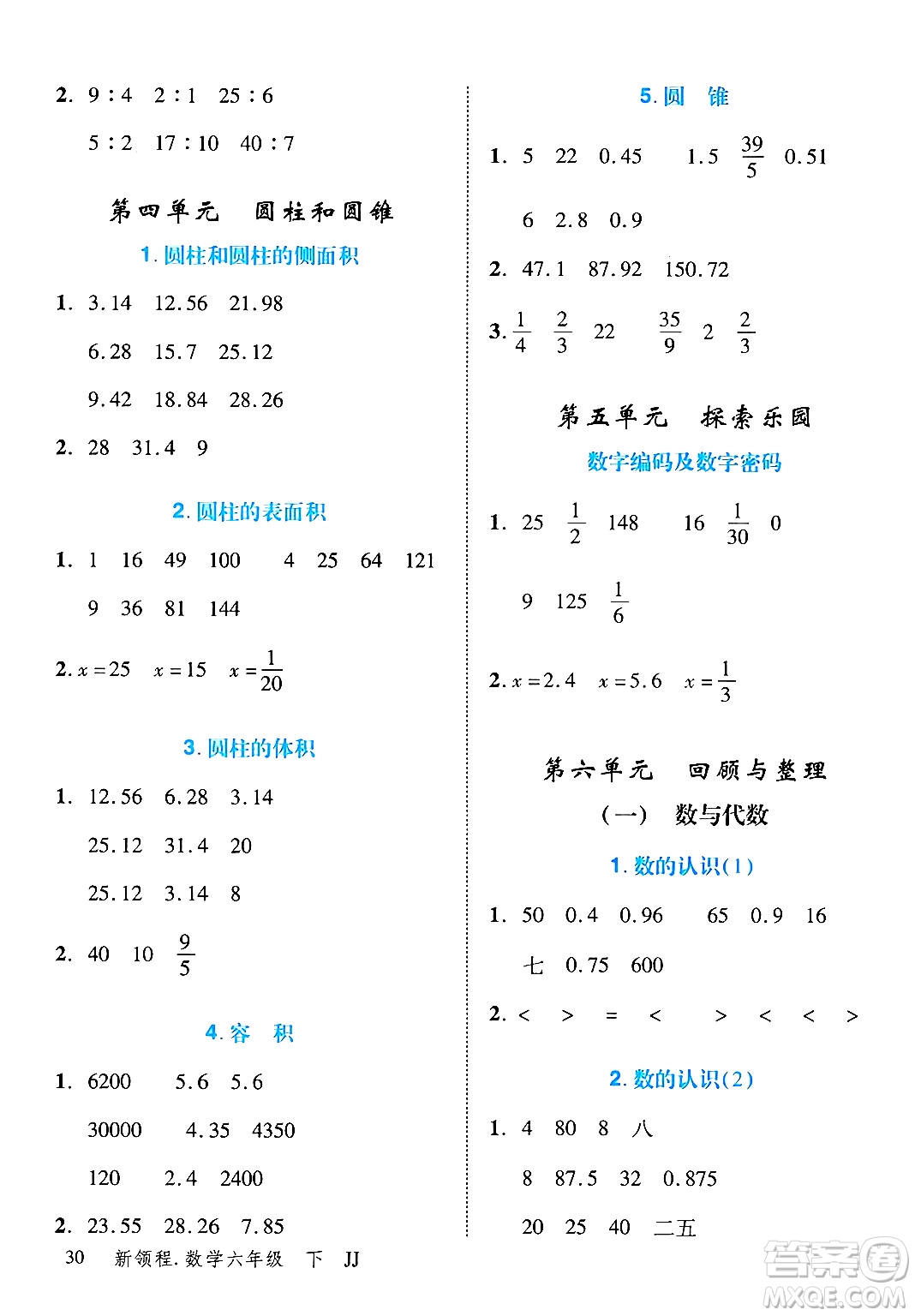 合肥工業(yè)大學(xué)出版社2025年春優(yōu)翼新領(lǐng)程六年級數(shù)學(xué)下冊冀教版答案