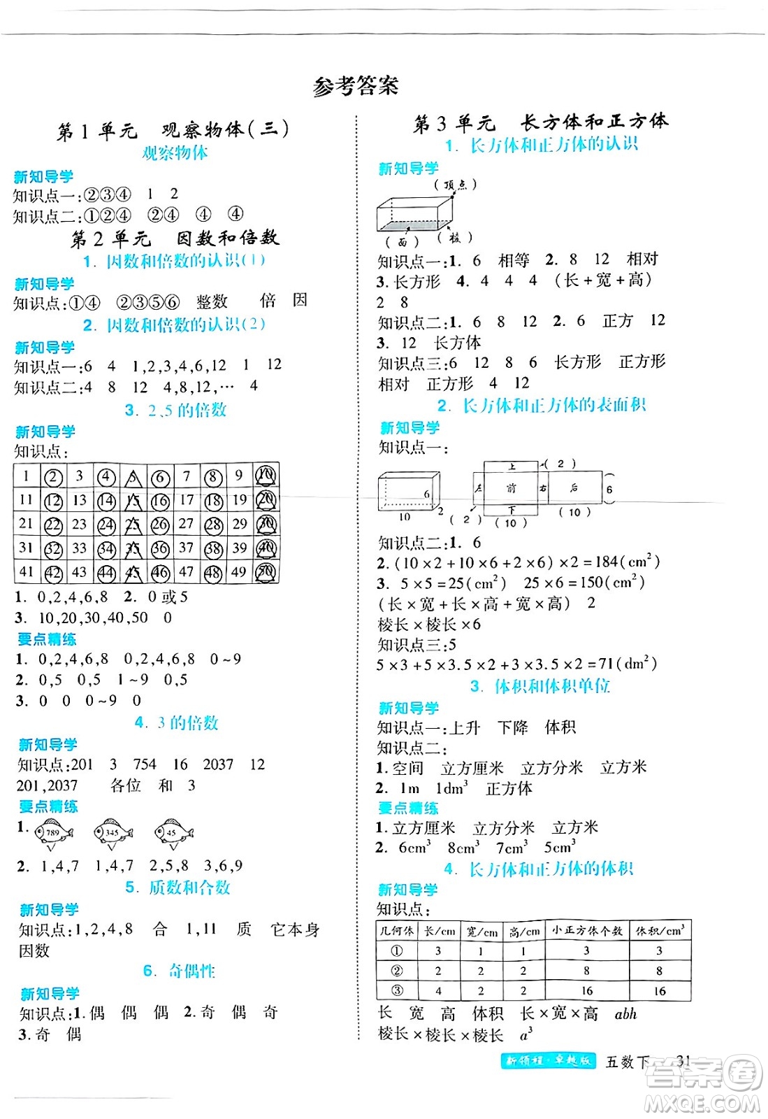 延邊大學(xué)出版社2025年春優(yōu)翼新領(lǐng)程卓越版五年級(jí)數(shù)學(xué)下冊(cè)人教版浙江專(zhuān)版答案