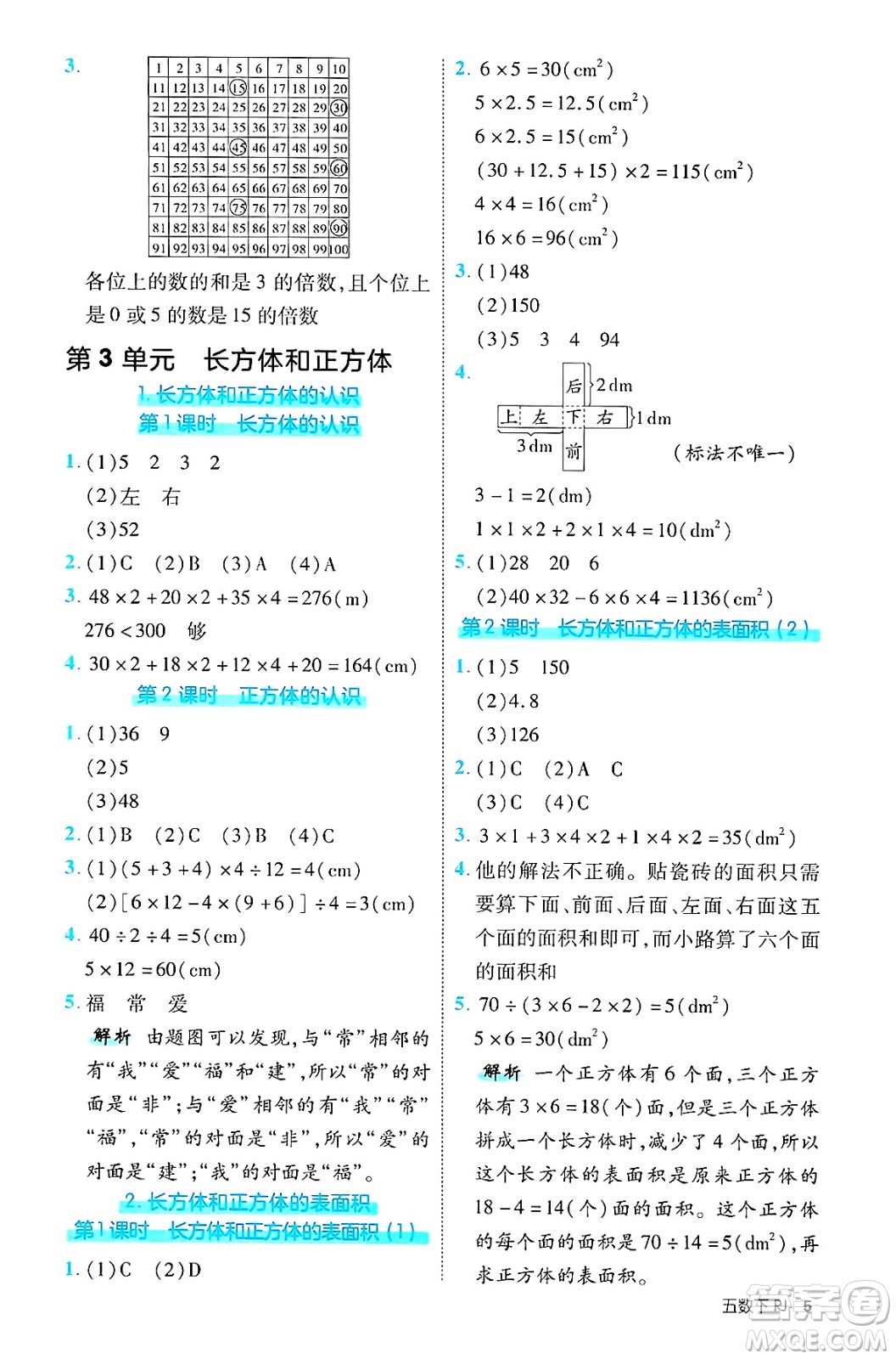 武漢出版社2025年春優(yōu)翼新領(lǐng)程五年級數(shù)學下冊人教版福建專版答案