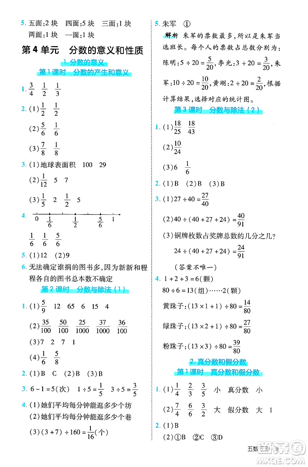 武漢出版社2025年春優(yōu)翼新領(lǐng)程五年級數(shù)學下冊人教版福建專版答案
